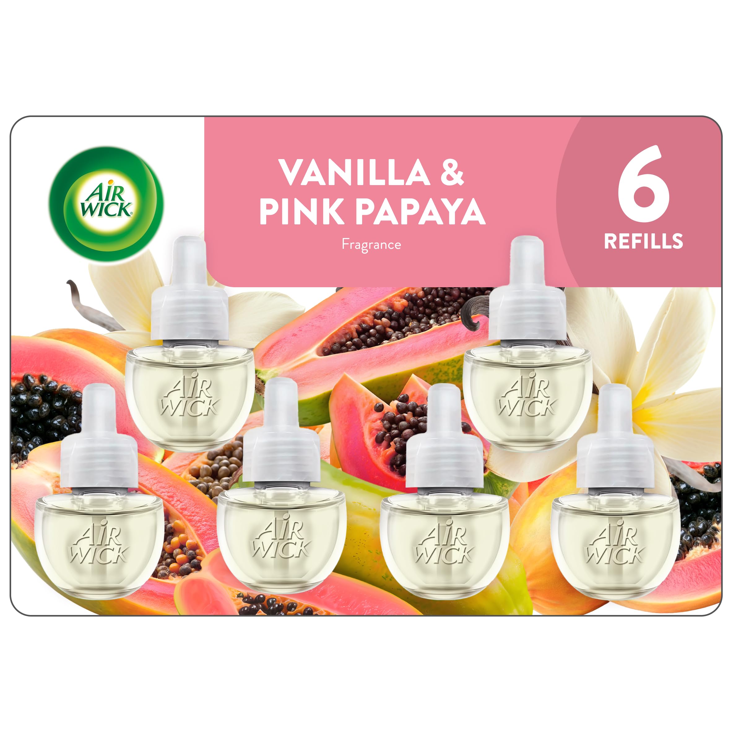 Air Wick Plug In Scented Oil Refill,Vanilla &amp; Pink Papaya, 6 ct