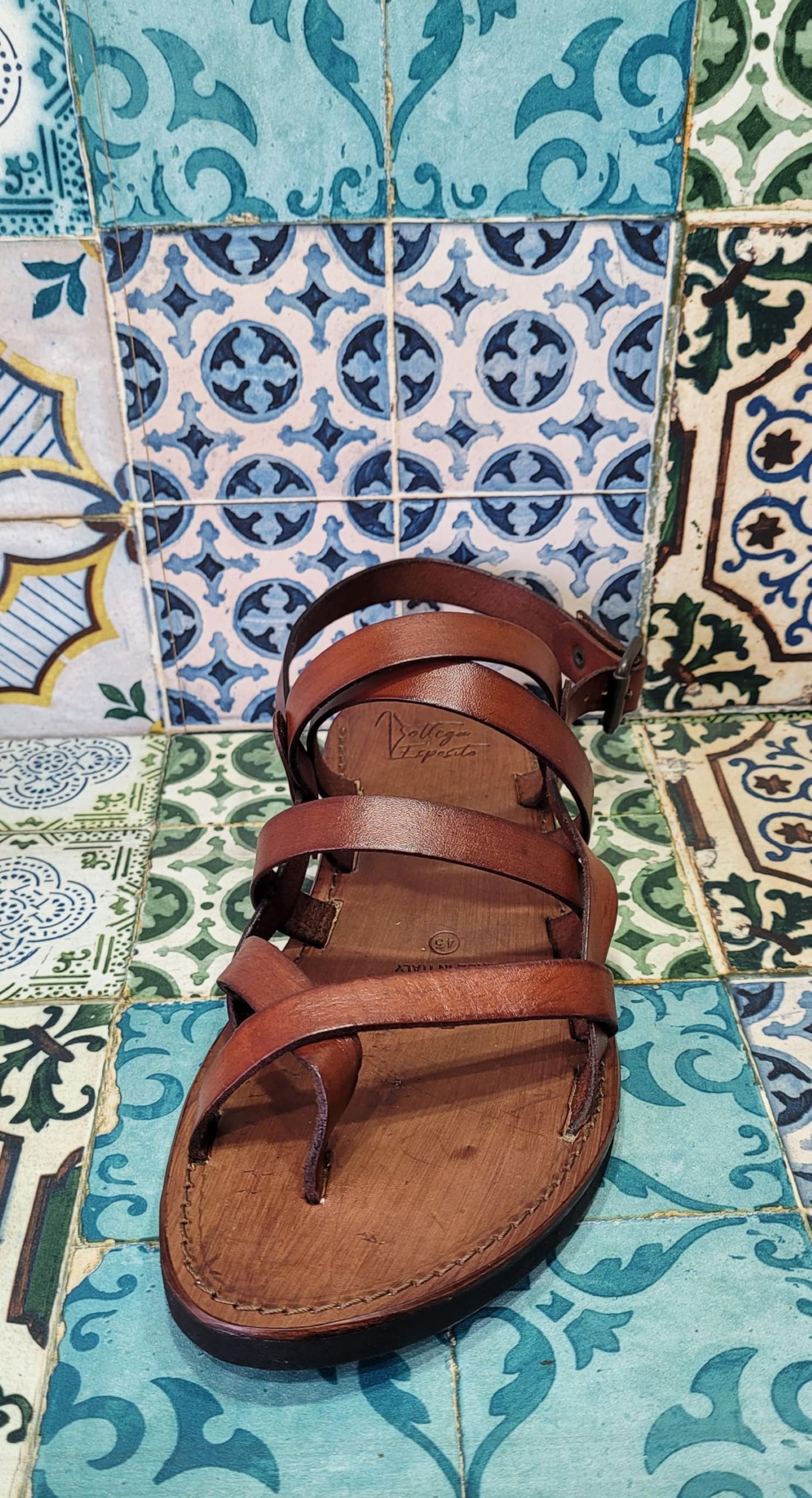 Sandali artigianali da Uomo fatti a mano con materiali di qualità: vera pelle e vero cuoio 100% Made in Italy Handmade Sandals for Man (44, Marrone)