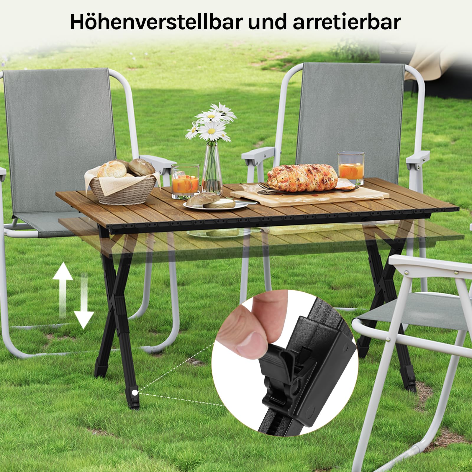 WOLTU Campingtisch klappbar, Alu Klapptisch leicht tragbar, Gartentisch klein, Picknicktisch höhenverstellbar, mit Aufbewahrungstasche, 50 kg belastbar, Tisch Balkon Garten, in Holzoptik