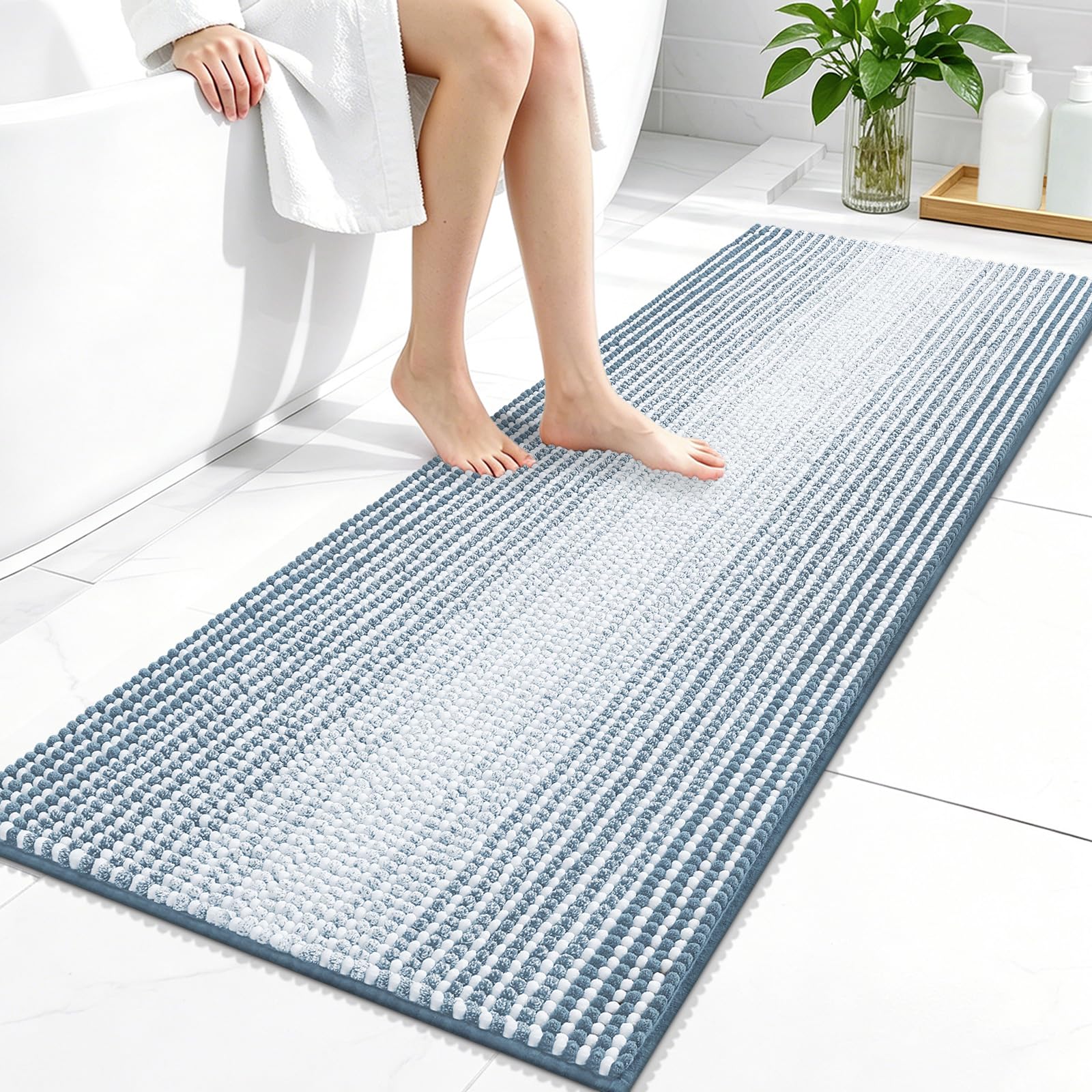 OLANLY Bathroom Runner Rugs 47x20, Chenille Striped Bath Rugs, Airy Blue