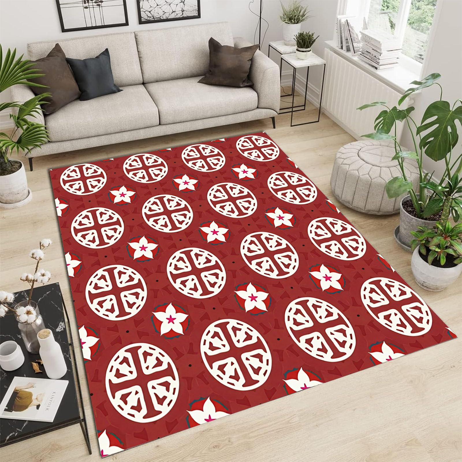 Tapis géométrique rouge corail 90x150 lavable pour salon et chambre