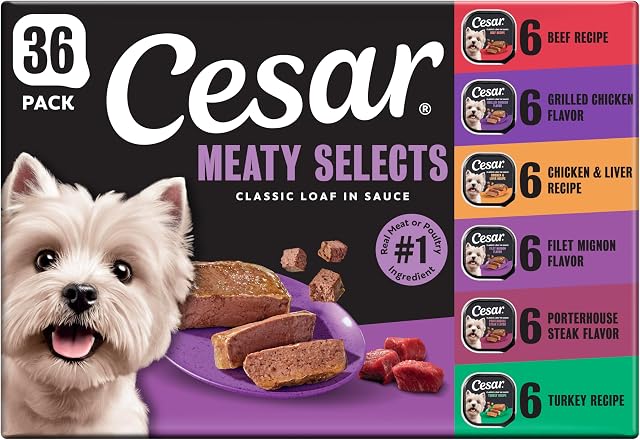 Cesar Wet Dog Food Classic Loaf in Sauce Grilled Chicken, Filet Mignon, Porterhouse Steak, Beef, Chicken & Liver and Turkey Variety Pack 3.5 oz. Easy Peel Trays (36 Count, Pack of 1) | Made in USA, Real meat #1 ingredient, no fillers or artificial flavors, formulated without grains, easy peel trays