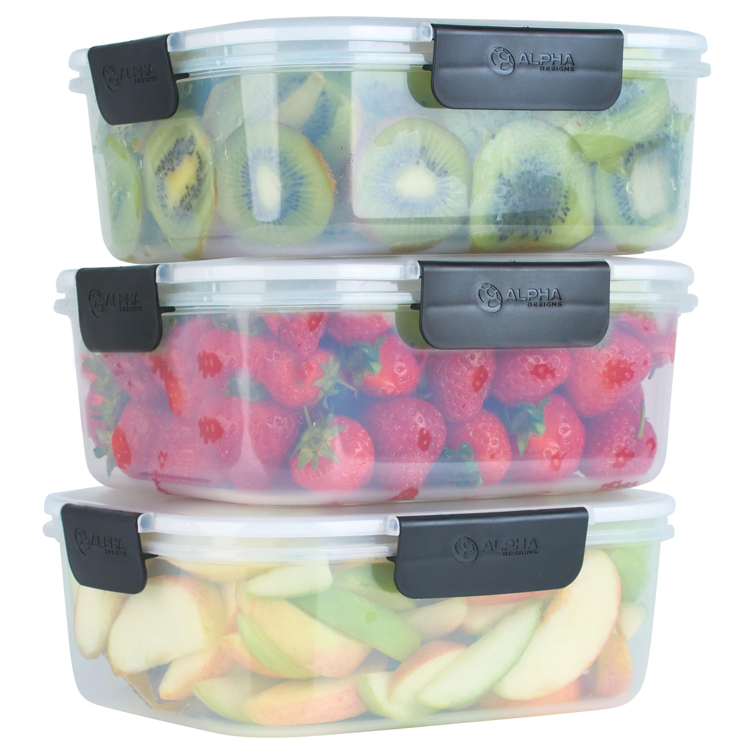 Alpha Designs Lunch Box Food Containers 3 Pack with Lids - Reusable Plastic Meal Prep Storage for Adults - Small (1100ml)