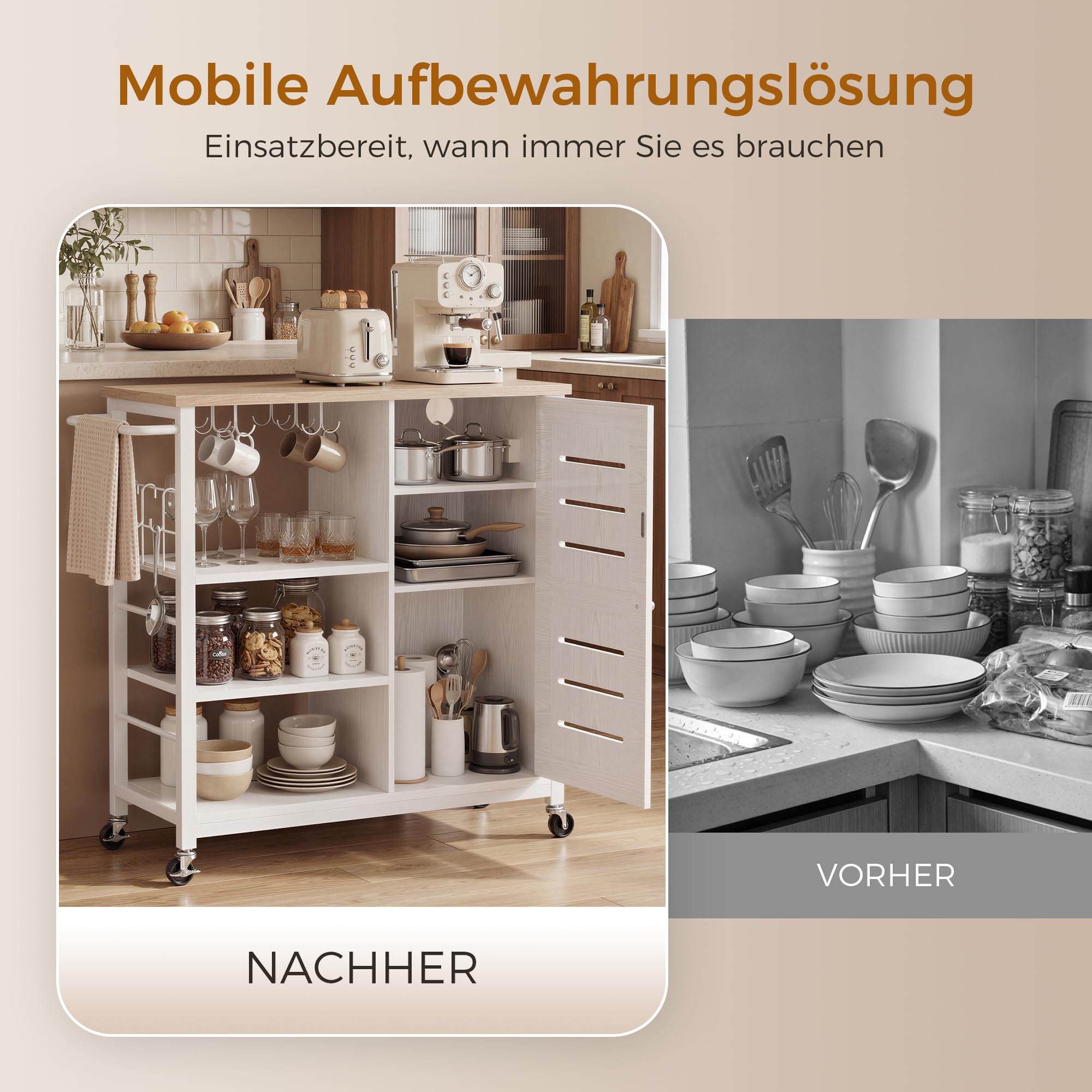 IRONCK Küchenwagen mit Steckdosenleiste, Kücheninsel Küchenschrank, Weiß