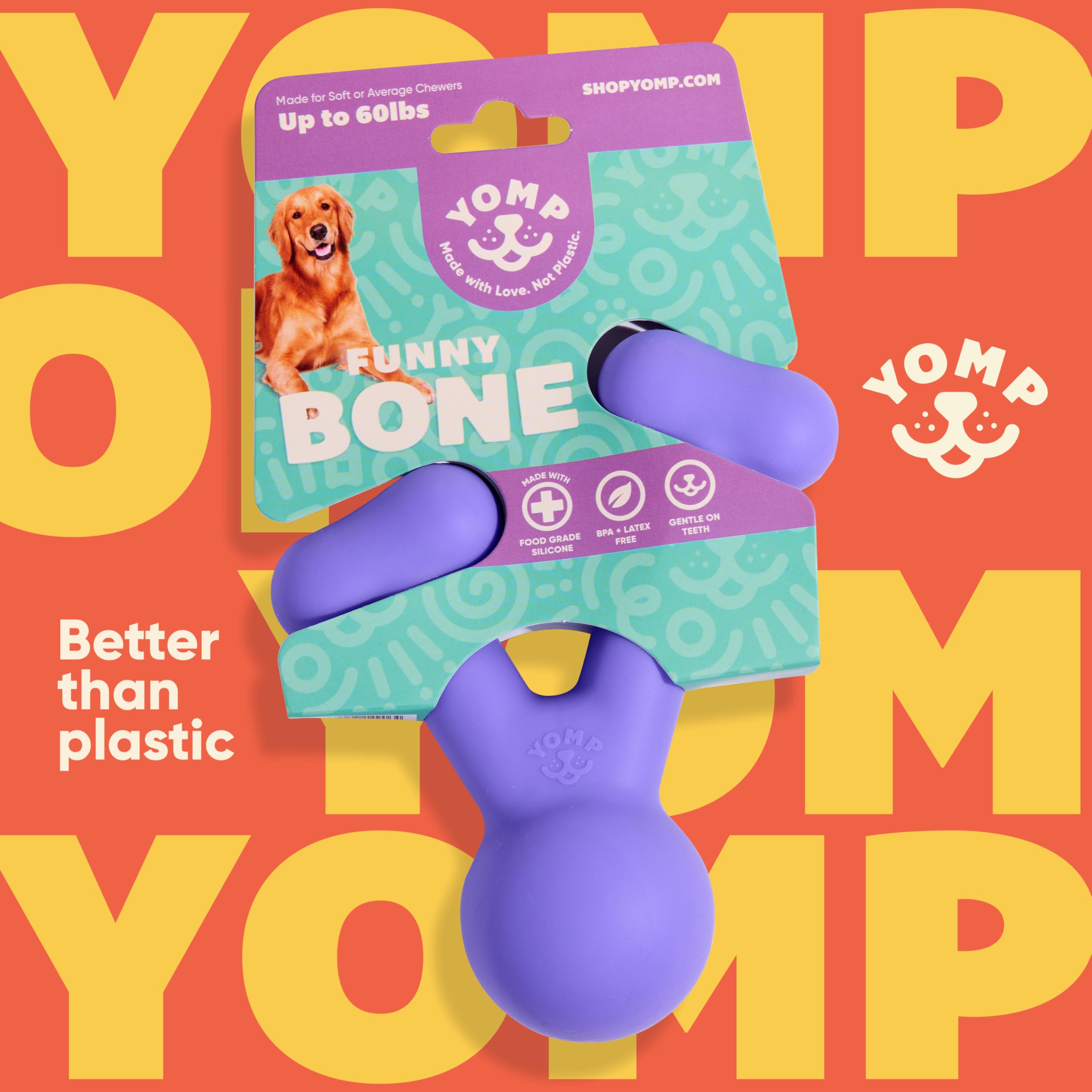 Yomp FunnyBone - Juguete masticable para perros, juguete interactivo de dentición para perros para masticadores suaves y medianos, juguete de dentición para cachorros, seguro para mascotas, juguete de