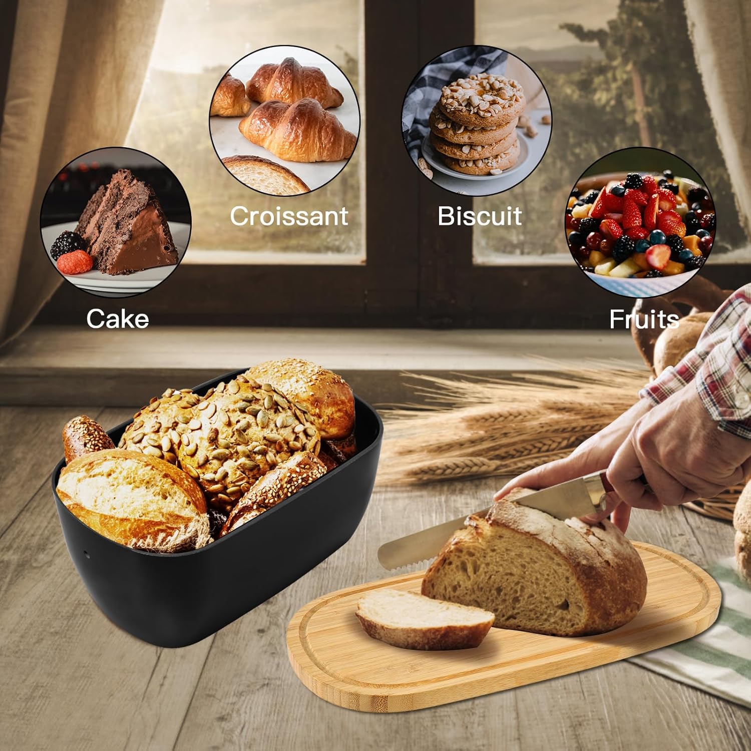 竹繊維ブレッドボックス キッチンカウンタートップ用 パンの保存容器 竹の蓋 まな板として使用可能 キッチンカウンターオーガナイザー用