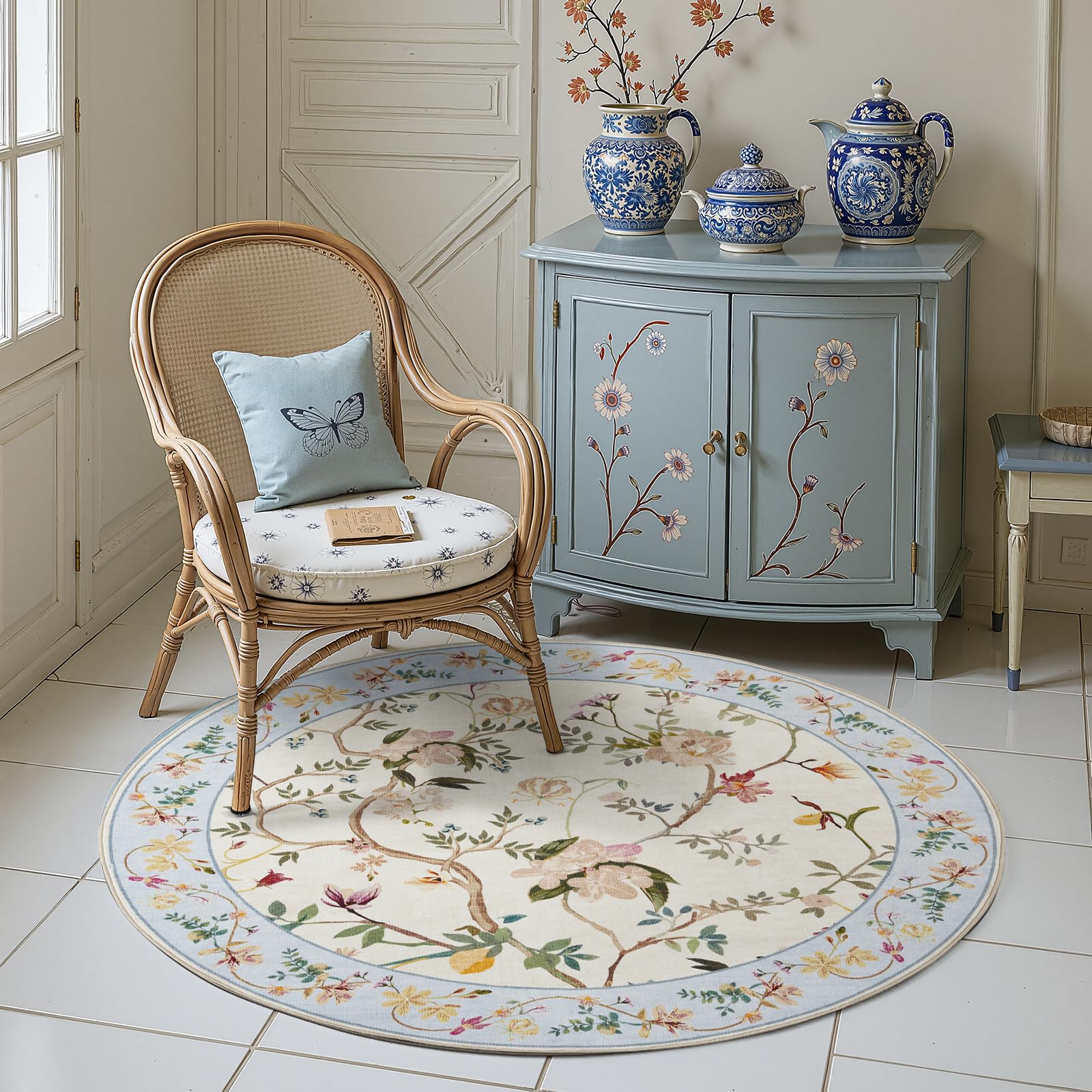 jinchan Floraison Floral Round Rug 4ft Non Slip Soft Circle Rugs Machine Washable Indoor Small Bathroom Low Pile Throw Carpet for Entryway Bedroom Door Mat Kitchen Decor Beige/Blue