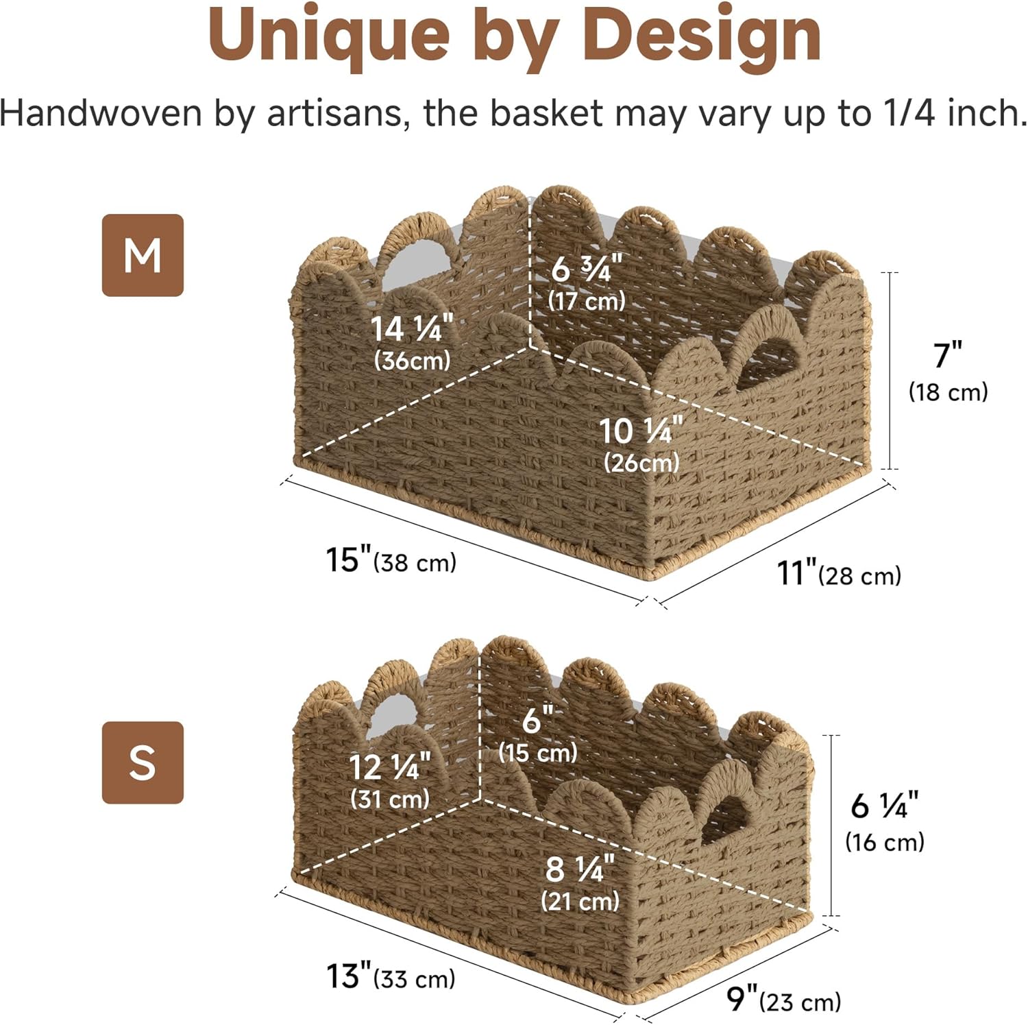 StorageWorks Scalloped Wicker Basket, Woven Baskets for Storage, Large Baskets with Handles, Paper Rope Basket for Organizing and Decor, 2 Pack