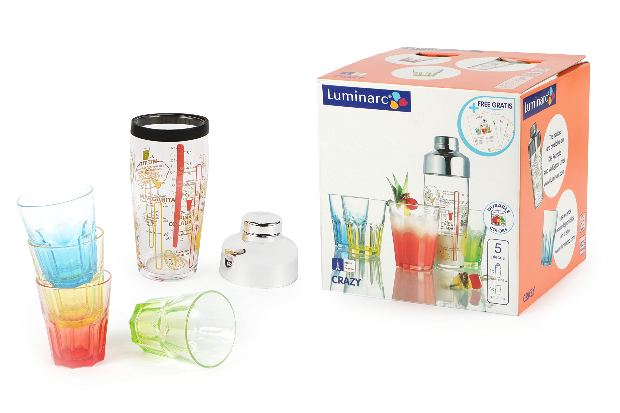 Luminarc Crazy Colours 5pc Cocktail Set with World Cocktail Shaker 20oz/58 cl | Printed Recipe Cocktail Shaker, Glass Cocktail Shaker, Arcoroc Cocktail Shaker (New For 2014)