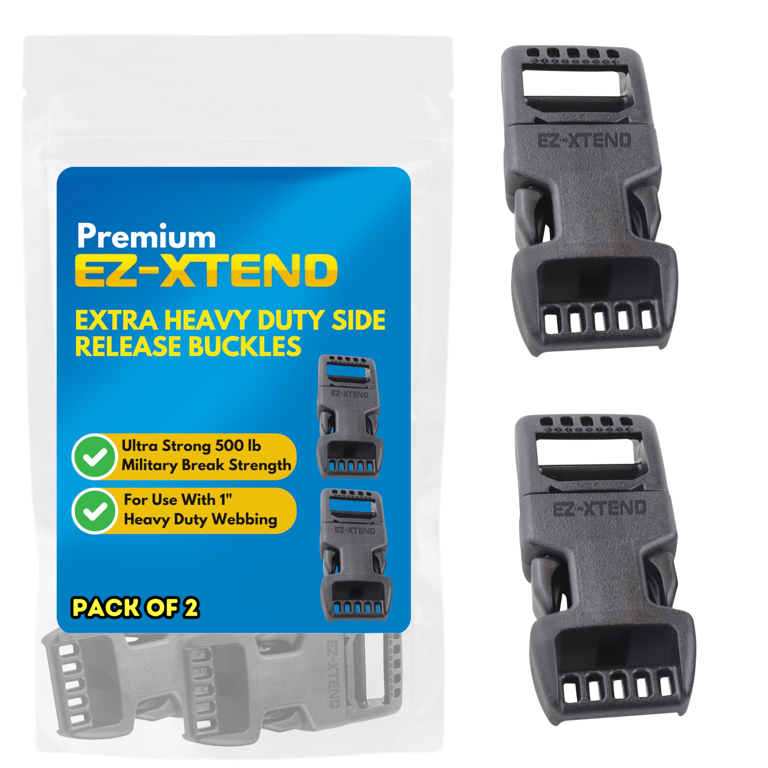 EZ-Xtend Extra Heavy Duty Side Release Buckles 1 Inch - Plastic Buckles for Heavy Duty Webbing - 500 lb Strength, Made in USA