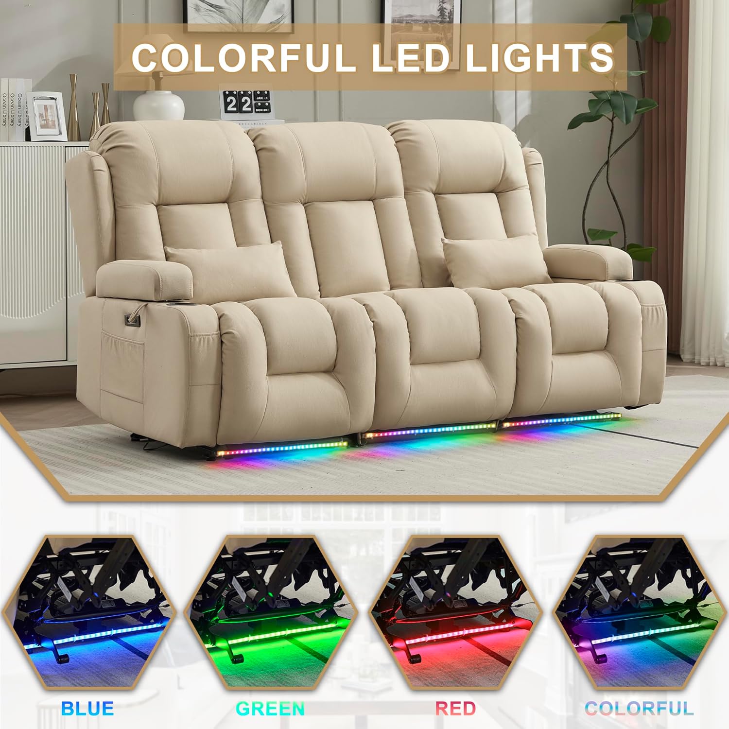 URRED Power Loveseat Recliner Sofa with Massage and Heat, Wall Hugger Reclining Loveseat with Console, RV Couch Home Theater Seating with LED Lights for Living Room (Beige, 76.8" - 3 Seats) | Zero Gravity Recline, Full-Body Vibration, Lumbar Heating, USB Charging Ports, Cup Holders, Storage