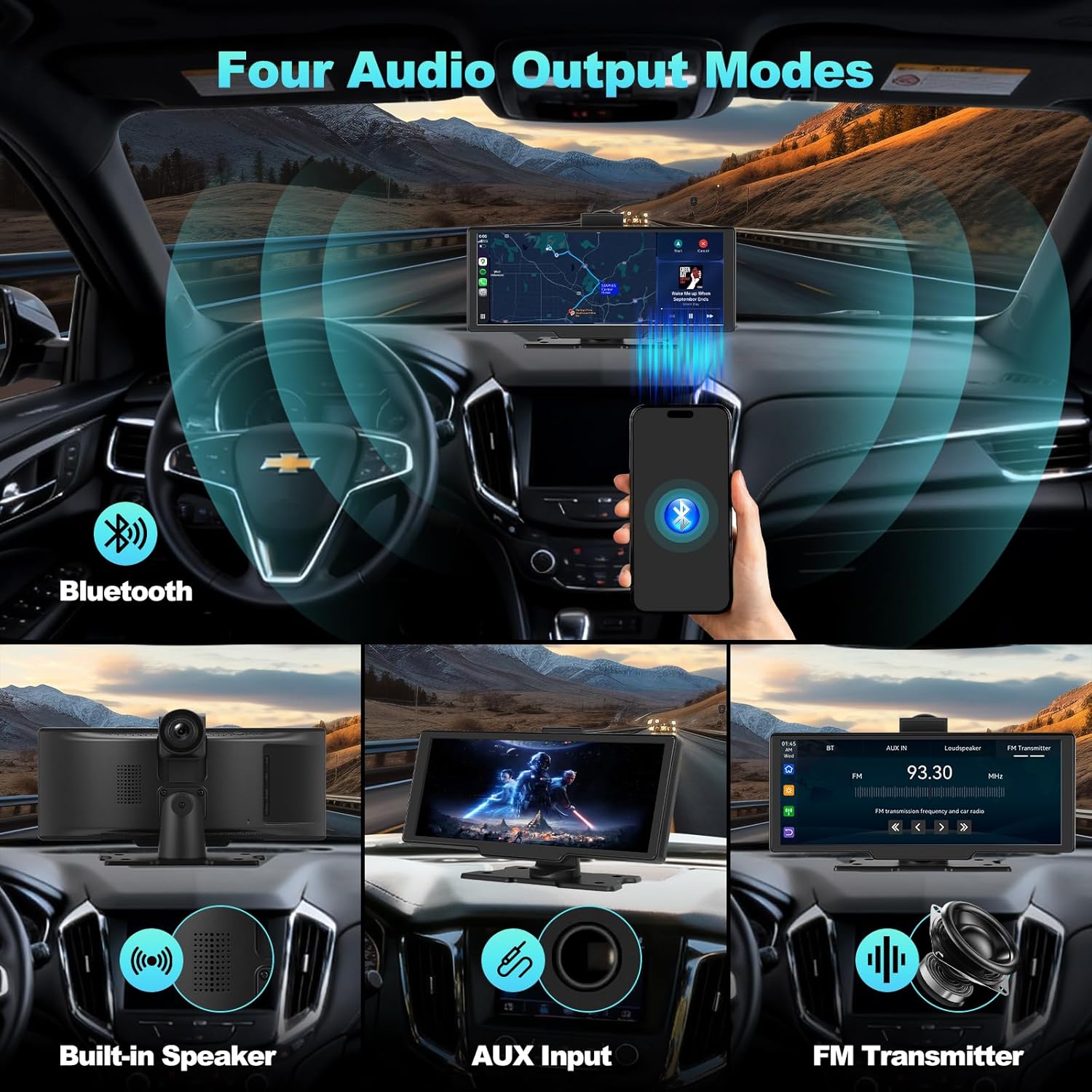Portable Apple CarPlay Screen for Car, 10.26“ Wireless CarPlay & Android Auto Touch Screen Voice Control Navigation, 4K Dash Cam & 1080P Backup Camera DVR Recording Plug & Play for Car Truck