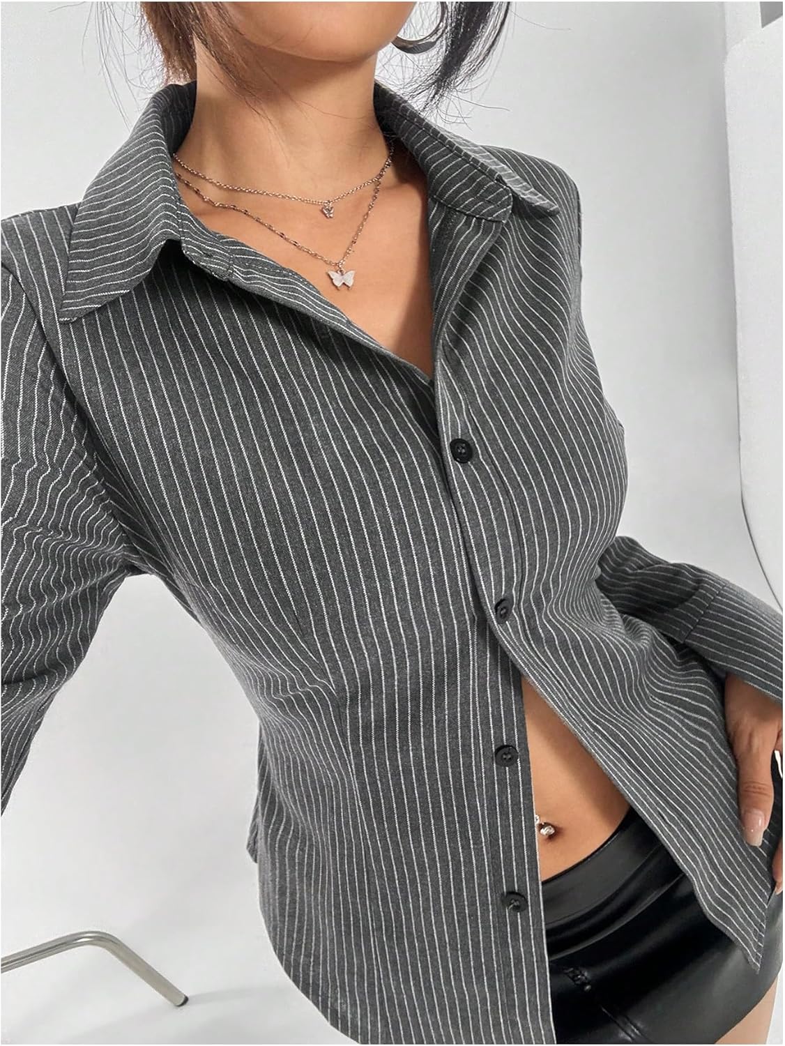 Floerns Women's Striped Print Long Sleeve Shirts Button Down Lapel Neck Work Blouse Tops - Image 5