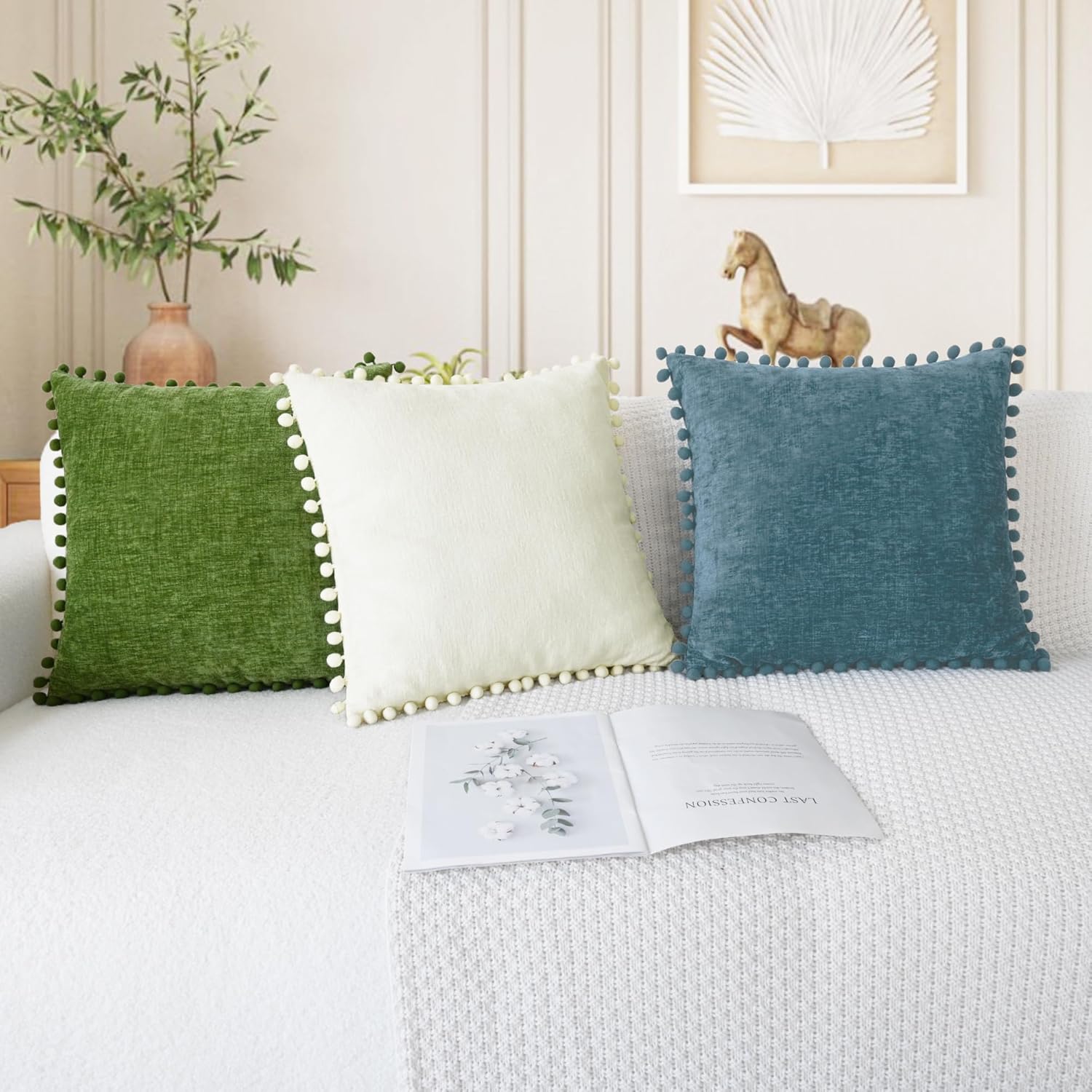 CaliTime Throw Pillow Covers Decorative 20 X 20 Inches Pack of 2 Cozy Solid Dyed Soft Chenille Cushion Cases with Pom Poms for Couch Sofa Bed Living Room Home Forest Green
