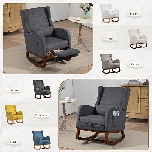 Miniatura 7 de Mecedora moderna para guardería, cómoda silla mecedora con reposapiés, silla de lectura decorativa con almohada y bolsillo, silla de descanso