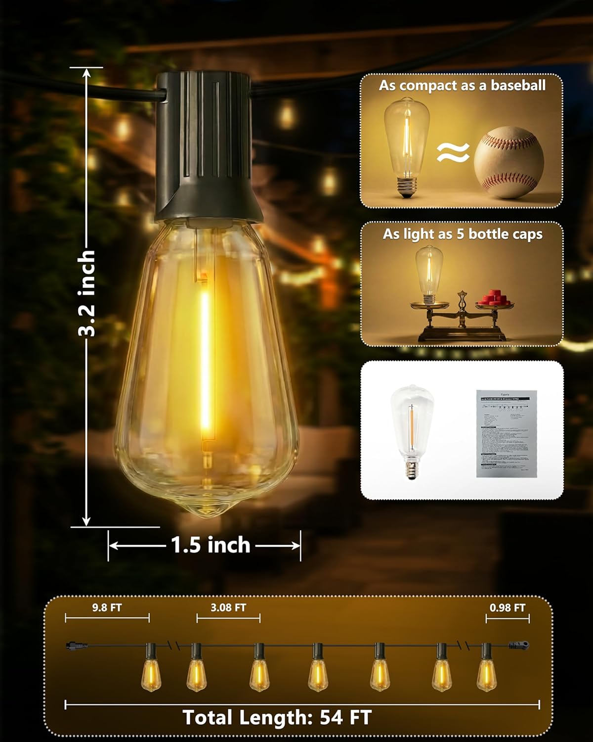 54FT Outdoor String Lights Waterproof, Dimmable LED Patio String Lights with 15+1 ST38 Bulbs Shatterproof, Warm White 2700K Outside Hanging Lights for Patio, Backyard, Garden, Party, Wedding
