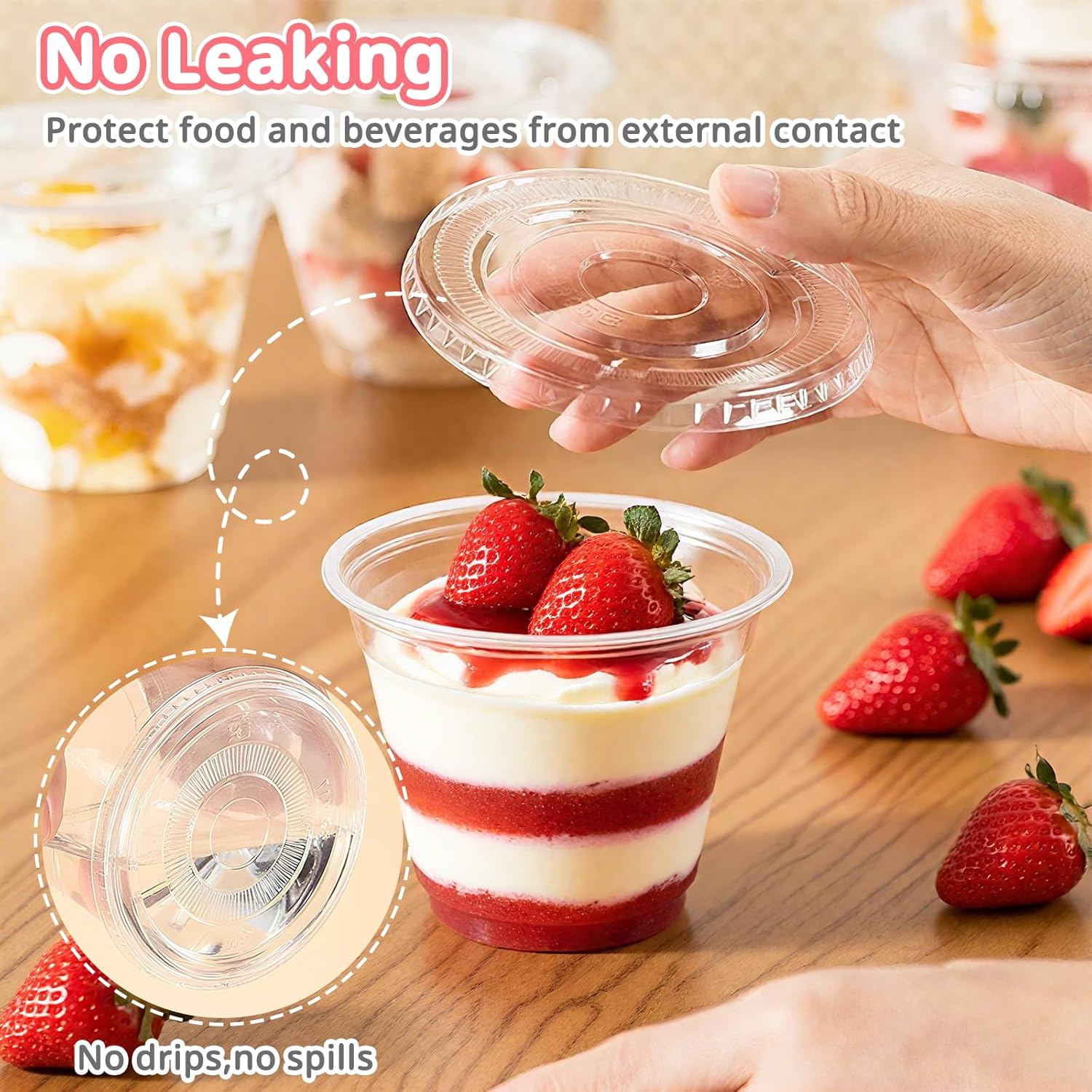 50 Packs 9oz Disposable Dessert Cups with Lids No Hole, Clear Plastic Cups with Lids for Ice Cream, Cake, Snacks, Fruit, Cold Drinks, Smoothie, Pudding, Salad