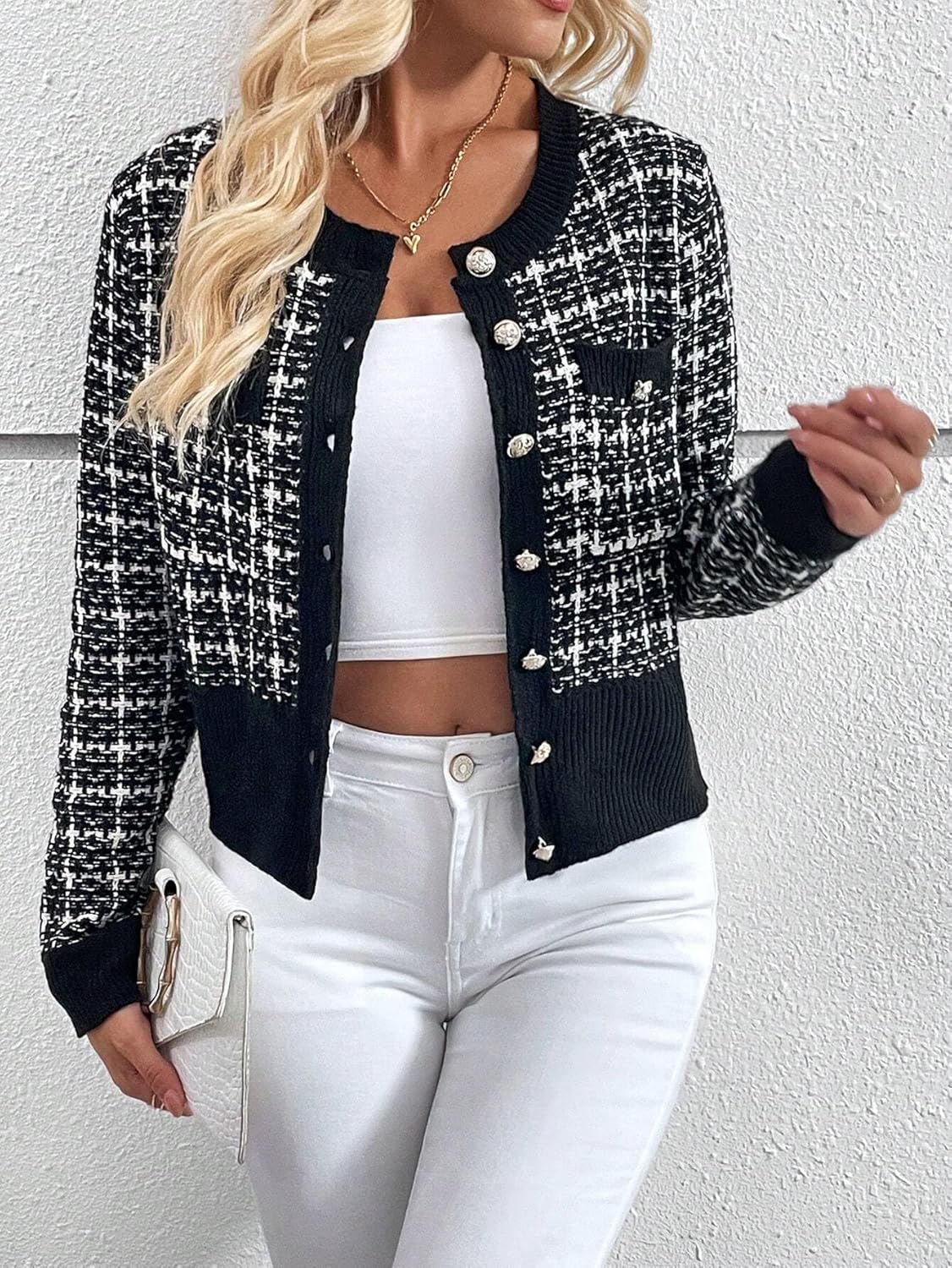 SKAYS Womens Tweed Plaid Cardigan Blazer Dressy Casual Button Front Cardigan Crew Neck Long Sleeve Texture Knit Jackets - Image 2