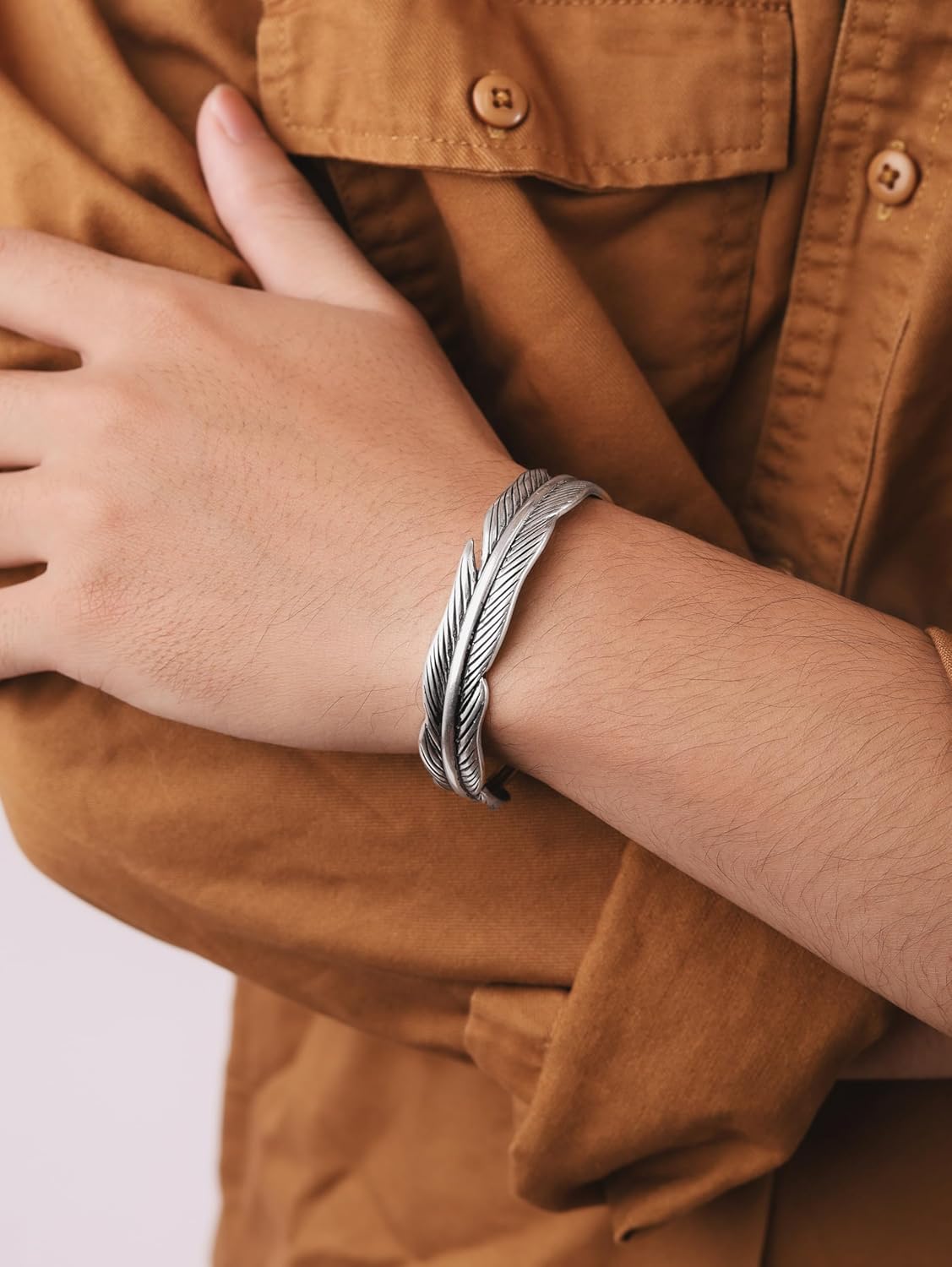 HAQUIL Silver Plated Stainless Steel Native American Feather Cuff Bracelet Jewelry Gift for Men and Women - Image 6