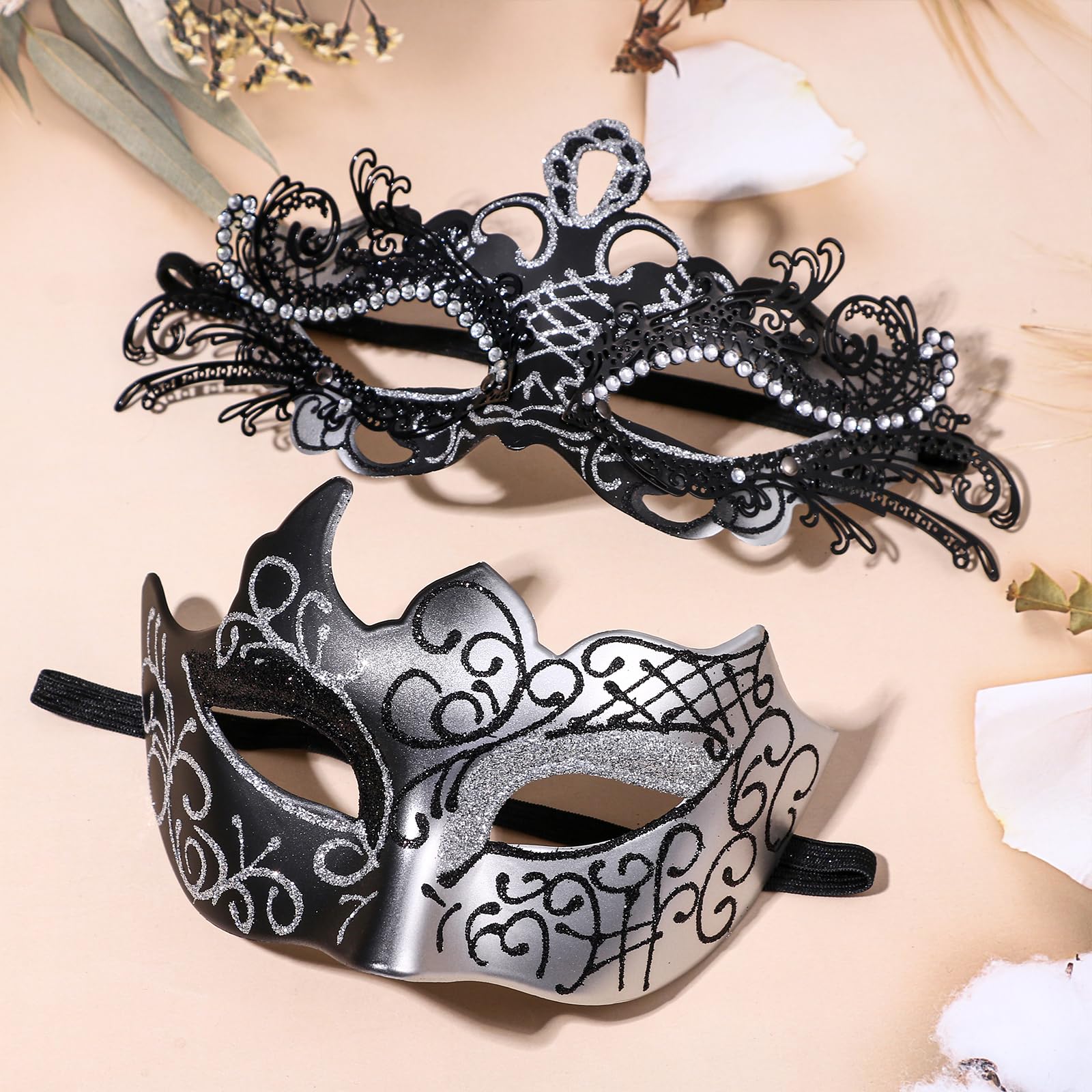Oidea Masquerade Mask Couples Set: Silver Black Rhinestones Metal Cosplay Venetian Party Mask Halloween Costume Mardi Gras Mask for Couples Women and Men - Image 4