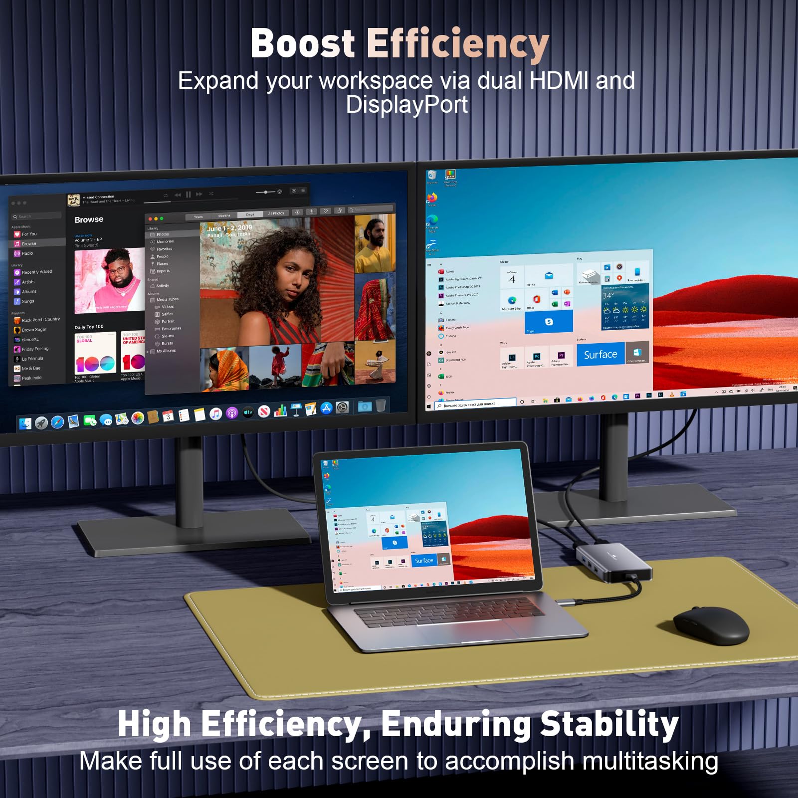 THANDBLE USB C Docking Station Dual Monitor, 10 in 1 USB C Hub Multiport Adapter, 4K HDMI Port, 100W PD, SD/Micro, USB-C 3.0, USB-A 3.0/2.0, Laptop Dock Station for Mac/HP/Dell XPS/Lenovo Laptop — view 3