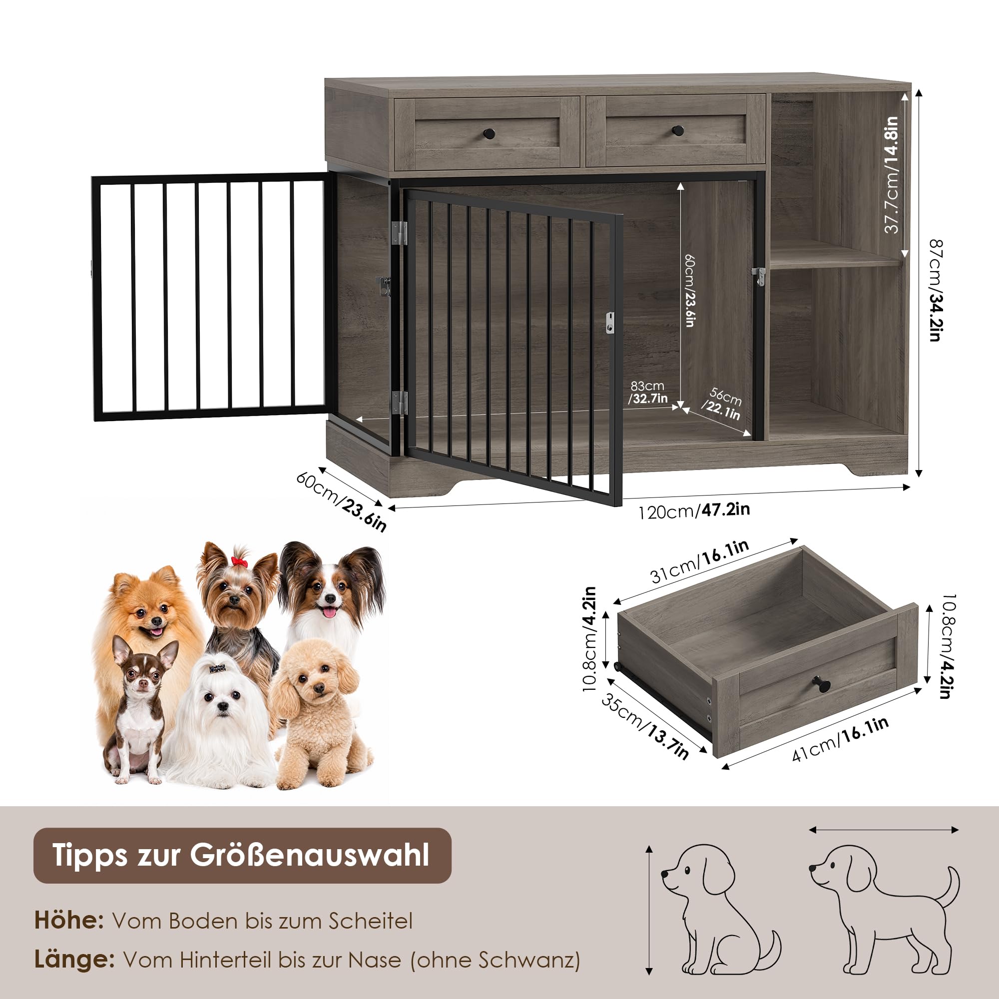 FirFurd Hundebox für kleine Hunde Hundekäfig Möbel mit Schubladen & 2 Türen | Hundebox für Zuhause, Hundekäfig aus Metall und Holz, Hundehütte Indoor, Hundehaus, Tierhaus, 120x87x60cm, Braun & Schwarz