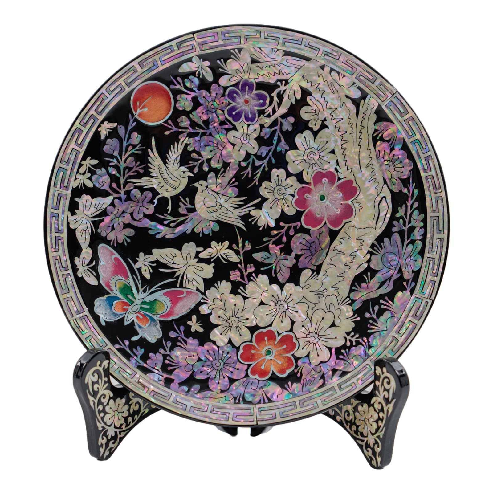February Mountain Korean Mother-of-Pearl Inlay Decorative Plate - Floral and Bird Design with Stand