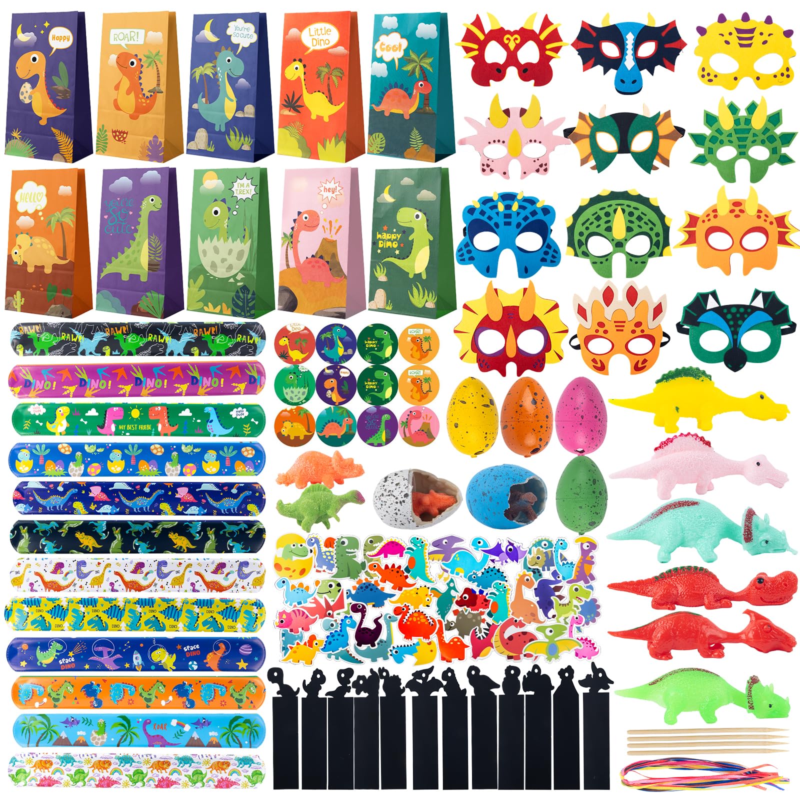 Dinosaur Party Bag Fillers for Kids - 164PCS Party Favours with Bags Slap Bracelets Felt Masks Stickers Dinosaur Eggs, Give Away Girls Boys for Pinata Fillers Birthday Toys Favours Class Rewards