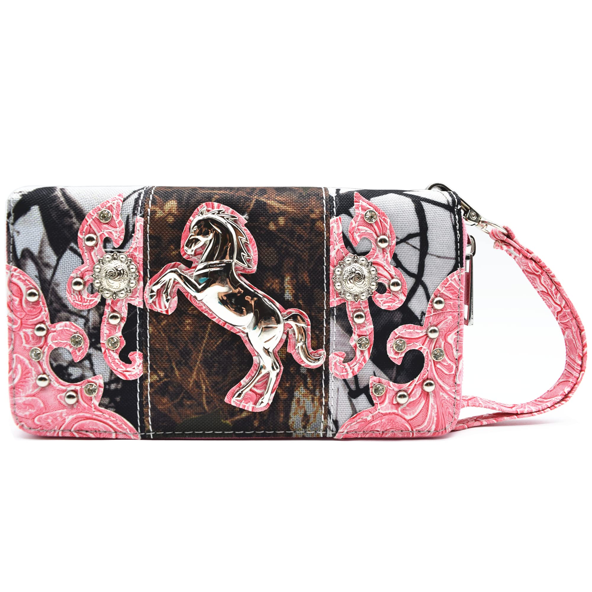 Cowgirl Trendy Camouflage Horse Studded Conchos Rhinestone Floral Tooled Leather Women Double Zipper Wallet Western Wristlets Purse (Fuchsia)