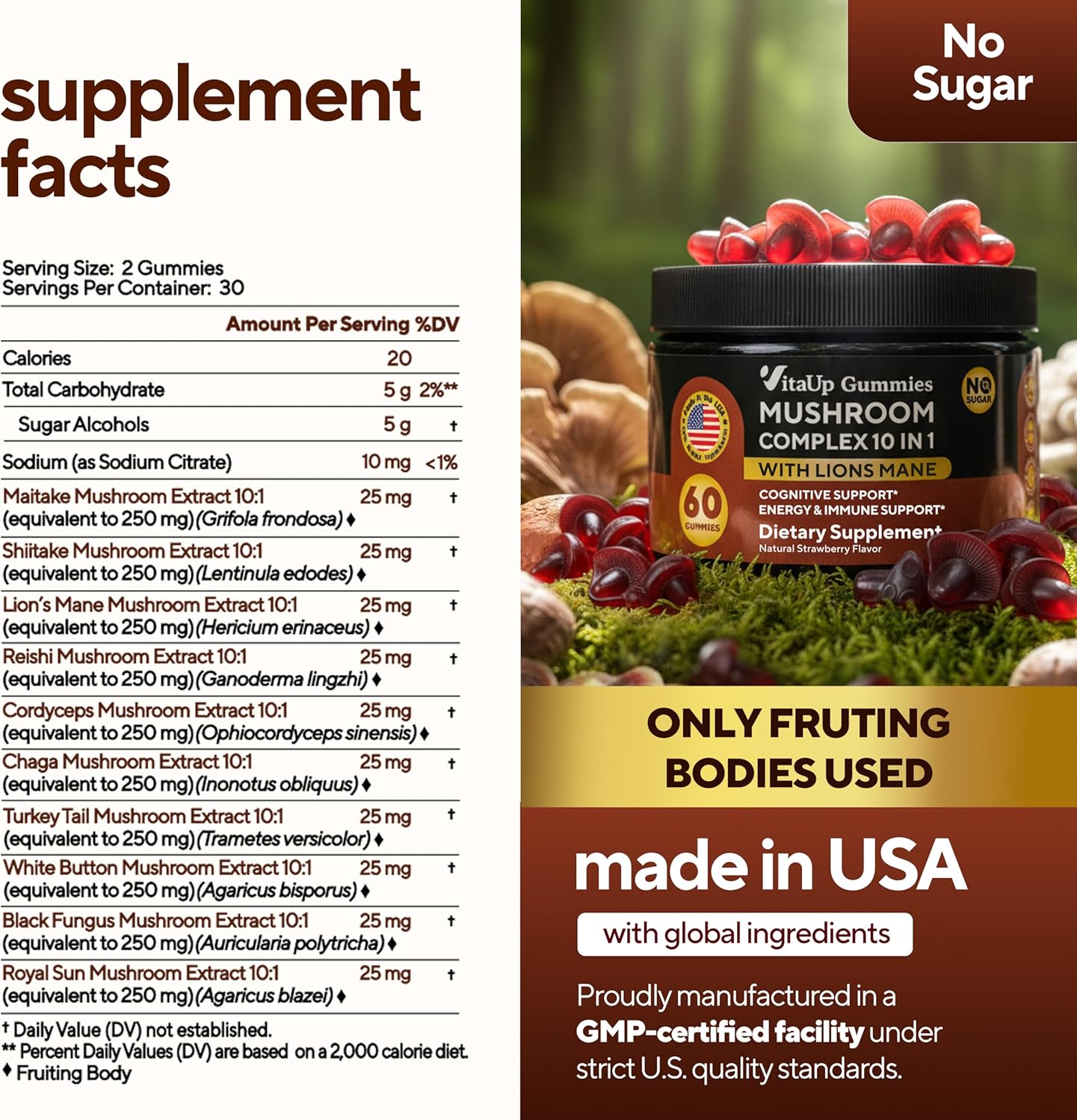 VitaUp Mushroom Supplement - USA Made 10 in 1 Mushroom Gummies - Mushroom Complex with Lions Mane, Cordyceps, Turkey Tail, Reishi, Shiitake for Cognitive & Immune Support - 60 Count