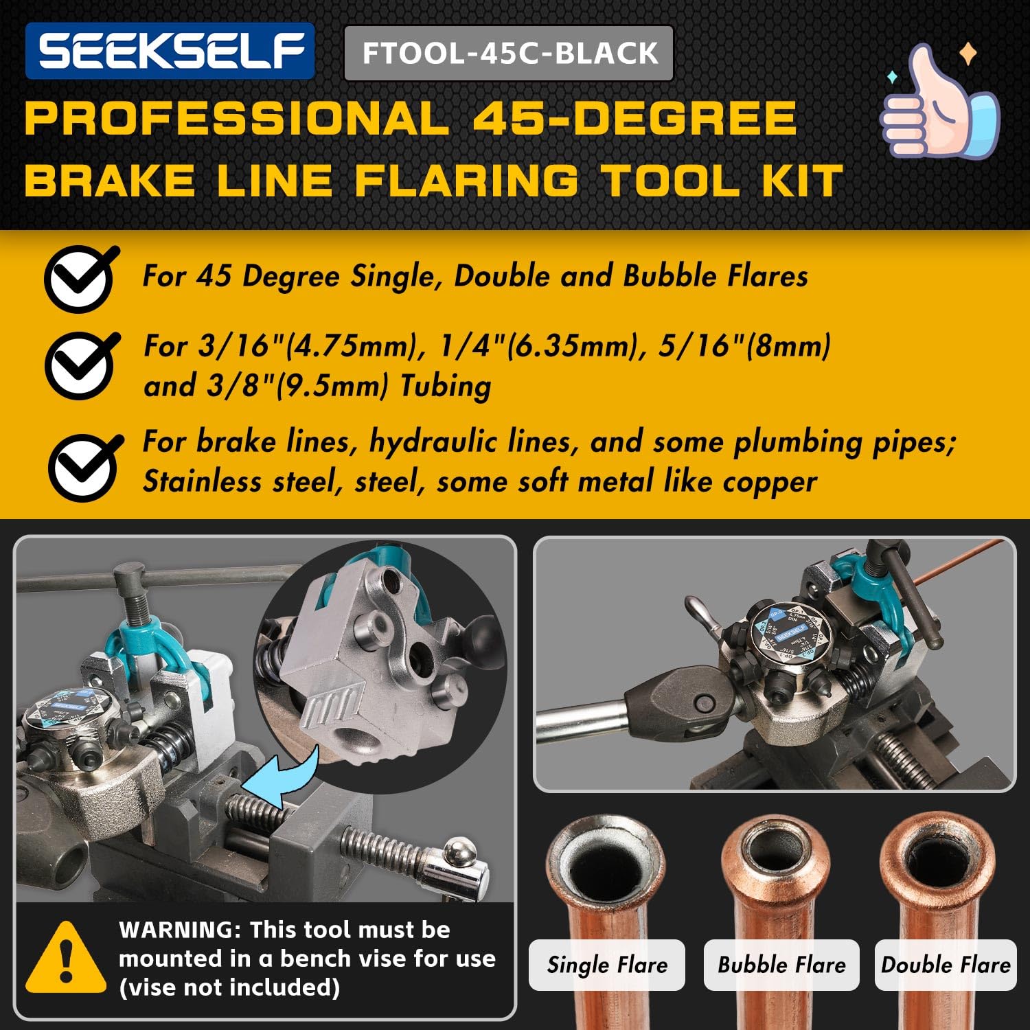Kit de Herramientas de Abocardador para Tubos de Frenos para Abocinados Simples, Dobles y de Burbujas de 45°, para 3/16", 1/4", 5/16", 3/8" y 4,75 mm, con Cortador de Tubos
