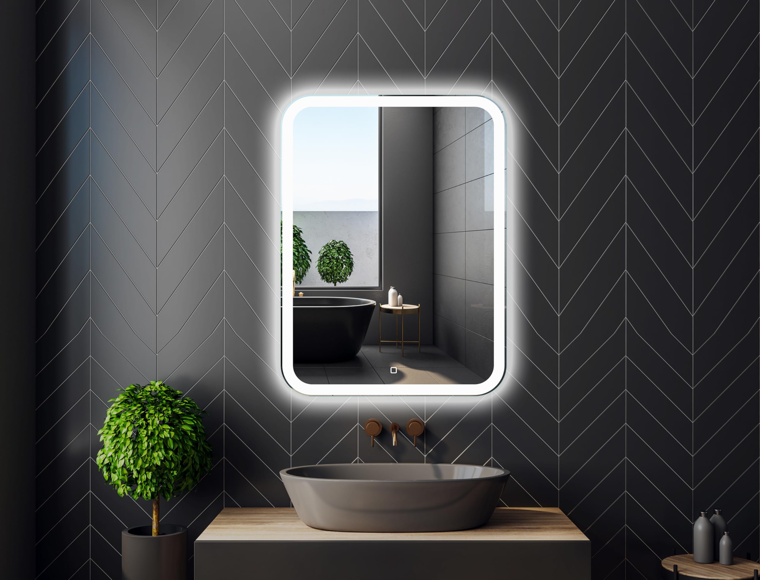 Rechteckiger LED Badspiegel 60 × 80 cm, Frontbeleuchtung | Badezimmerspiegel mit Beleuchtung, LED Wandspiegel, Touchschalter, Dimmbar, Neutralweißes Licht, Abgerundete Ecken