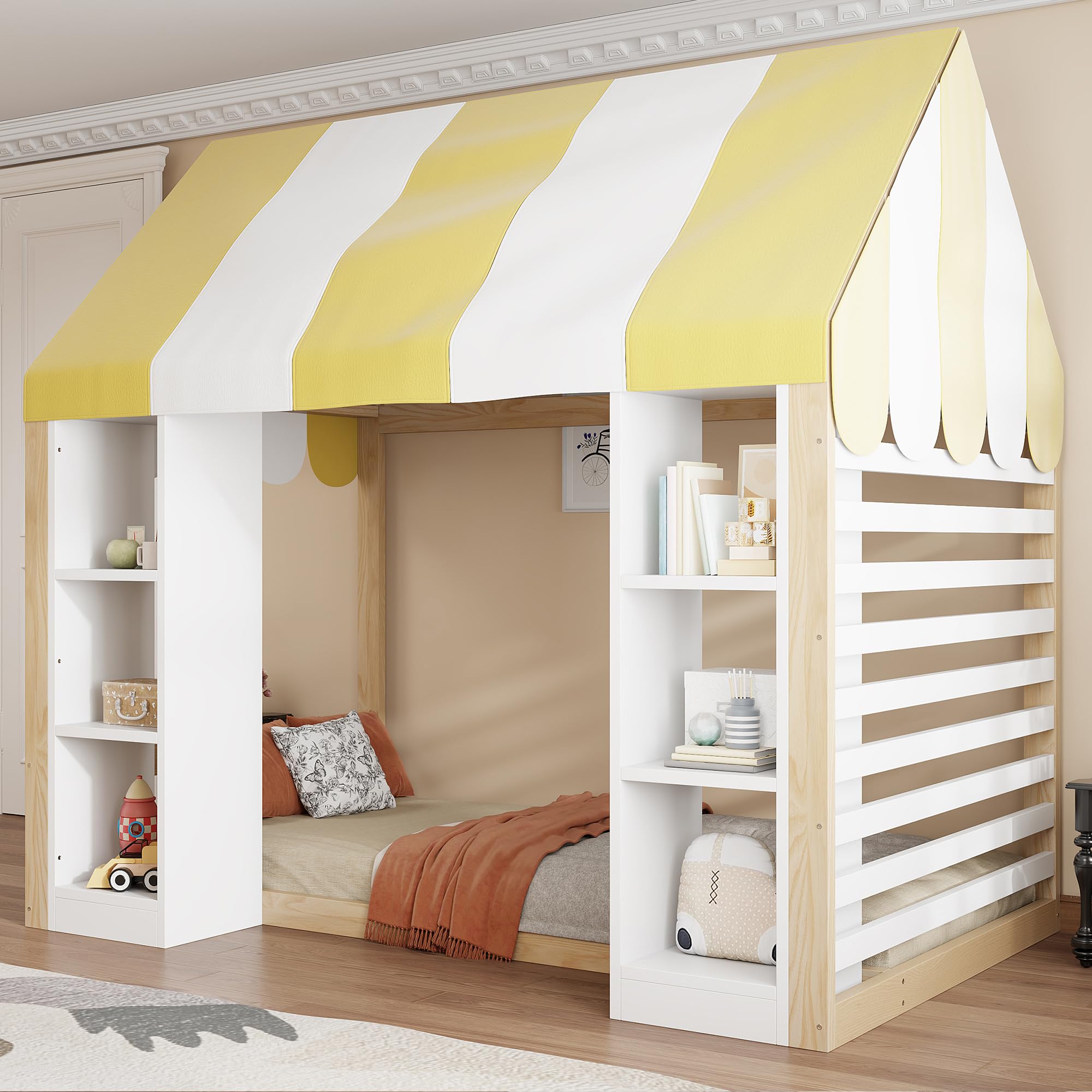 Kinderbett Landhausstil, 90 x 200 cm, mit Himmelbett, offenem Stauraum vorne und Holzrahmen, Holzfarbe+weiß, Weiß+Natur