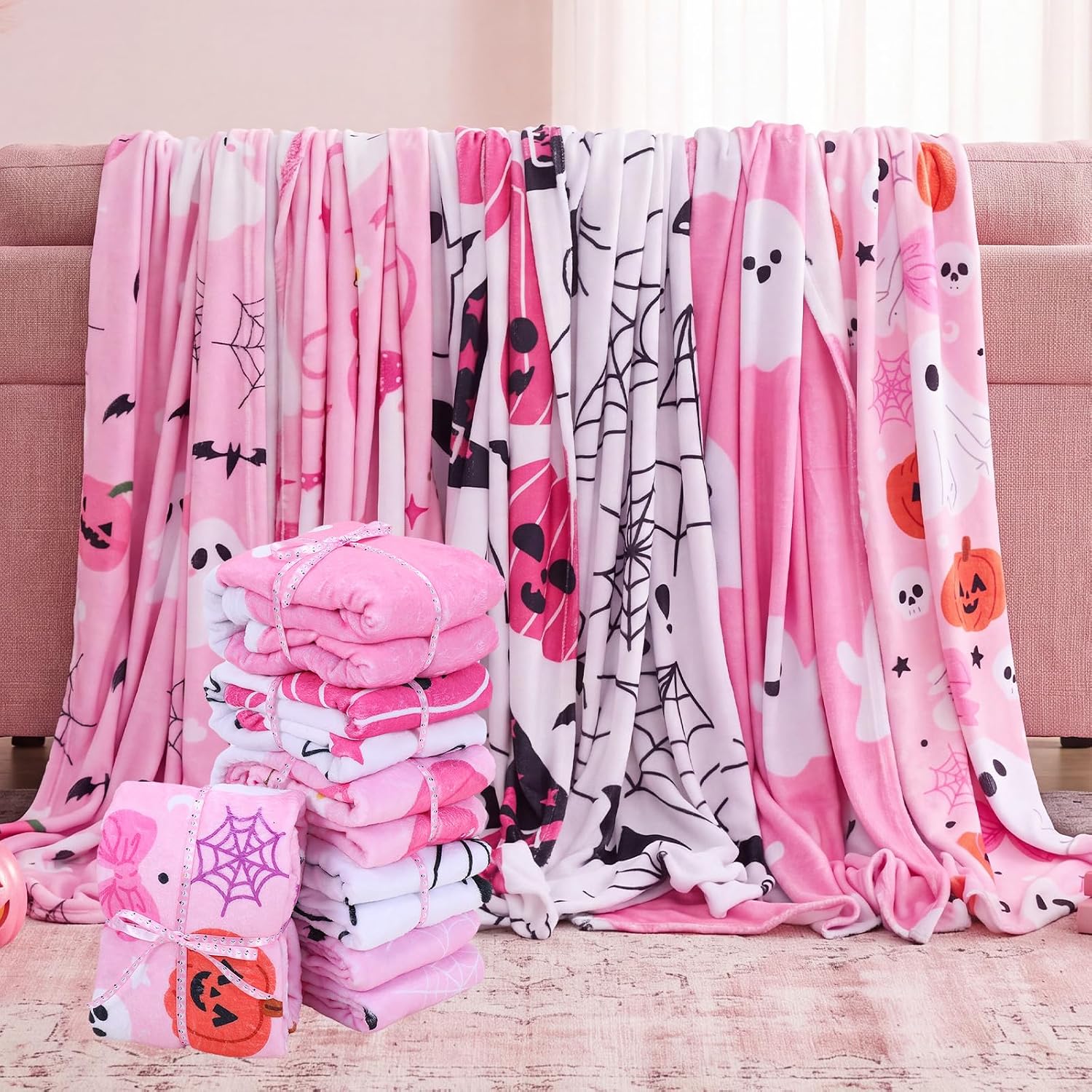 6 Pcs Pink Halloween Throw Blankets Gifts Bulk for Women