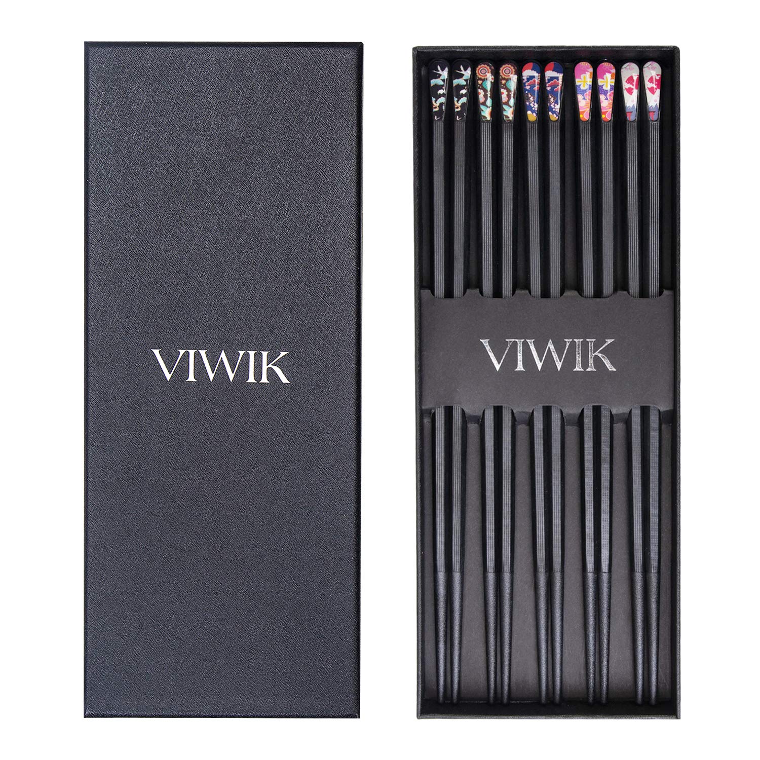VIWIK 5 Pairs Reusable Chopsticks Premium Fiberglass Cute Japanese Korean Style Dishwasher Safe Chop sticks 9.5 Inch Gift Set