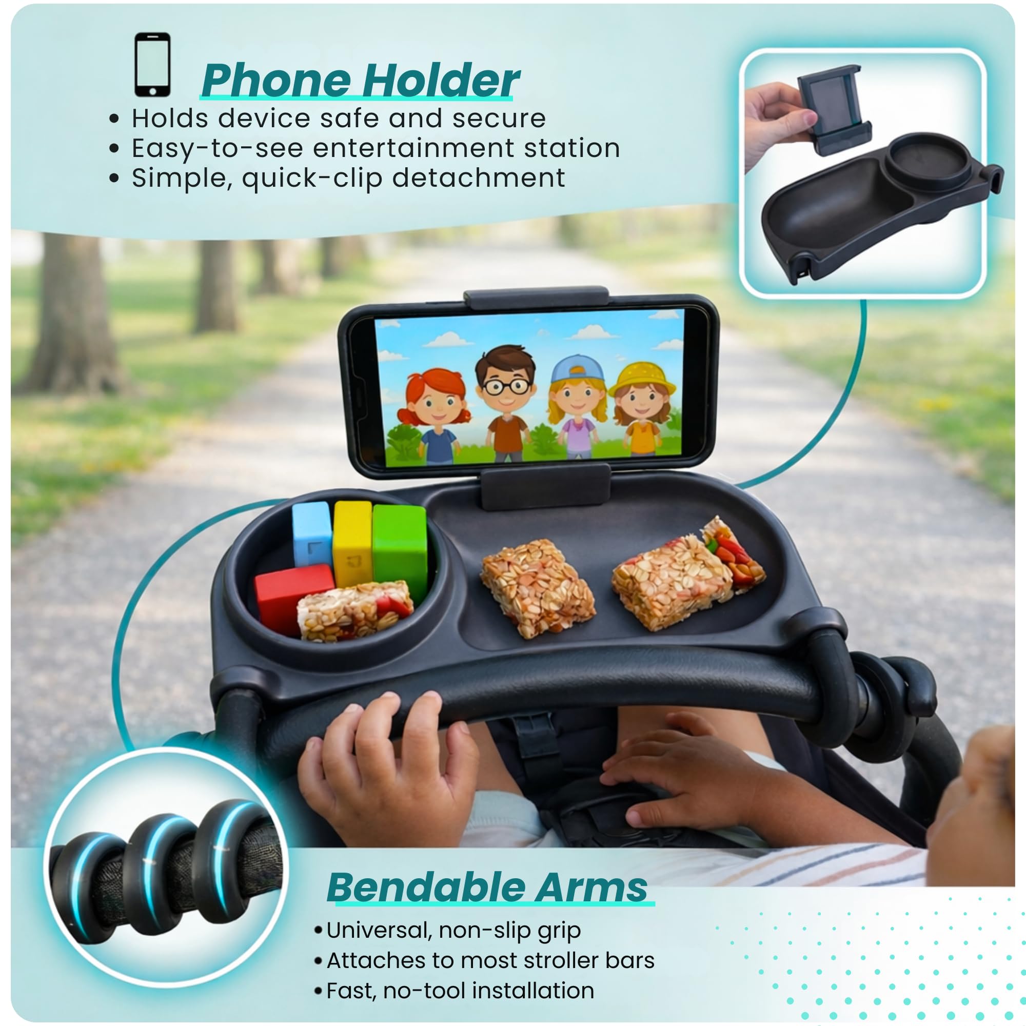 Plateau de collation pour poussette avec porte-gobelet, support de téléphone, barre de pare-chocs pour poussette