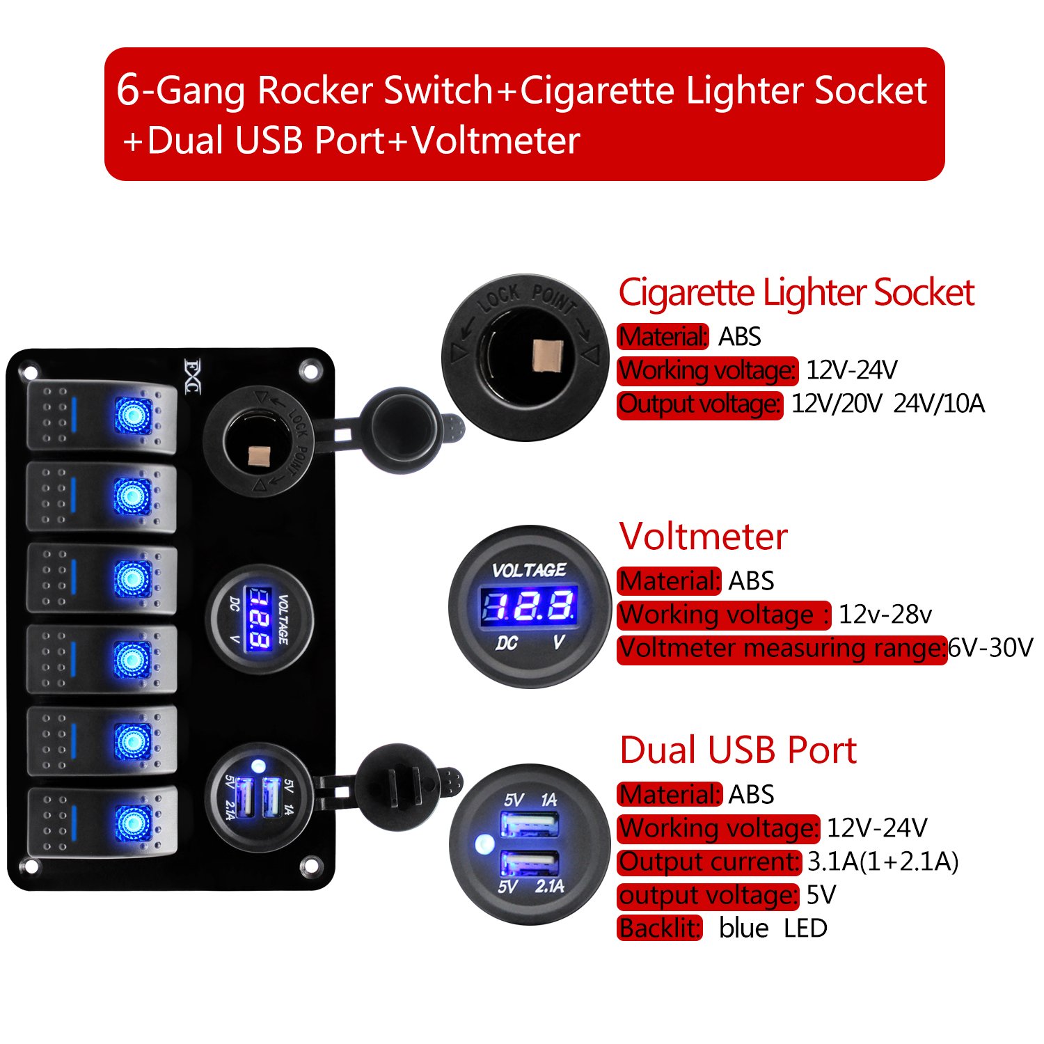 FXC 12 Volt Aluminum Marine Boat Rocker Switch Panel Waterproof 6 Gang Toggle Switch Panel Blue LED Lighted for Car Truck RV UTV ATV with USB Cigarette Lighter Socket Voltmeter