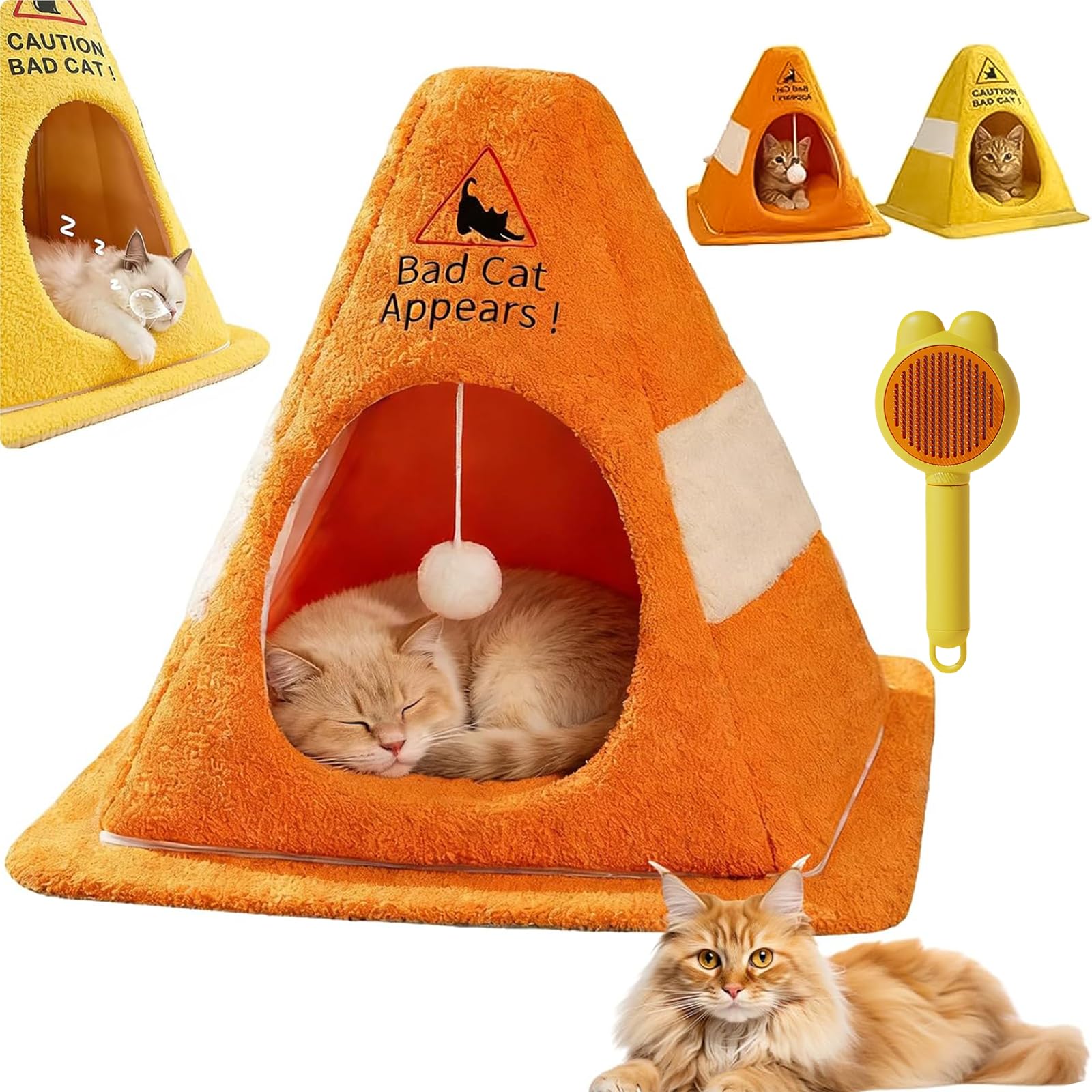 Caution Bad Cat Bed, 2026 Funny Soft Fleece Cozy Zipper Pet House with Detachable Inner Padding, Funny Enclosed Cat Cave Bed with Warning Sign Design, for Cats Dogs (B,15 * 15 * 14.1in)