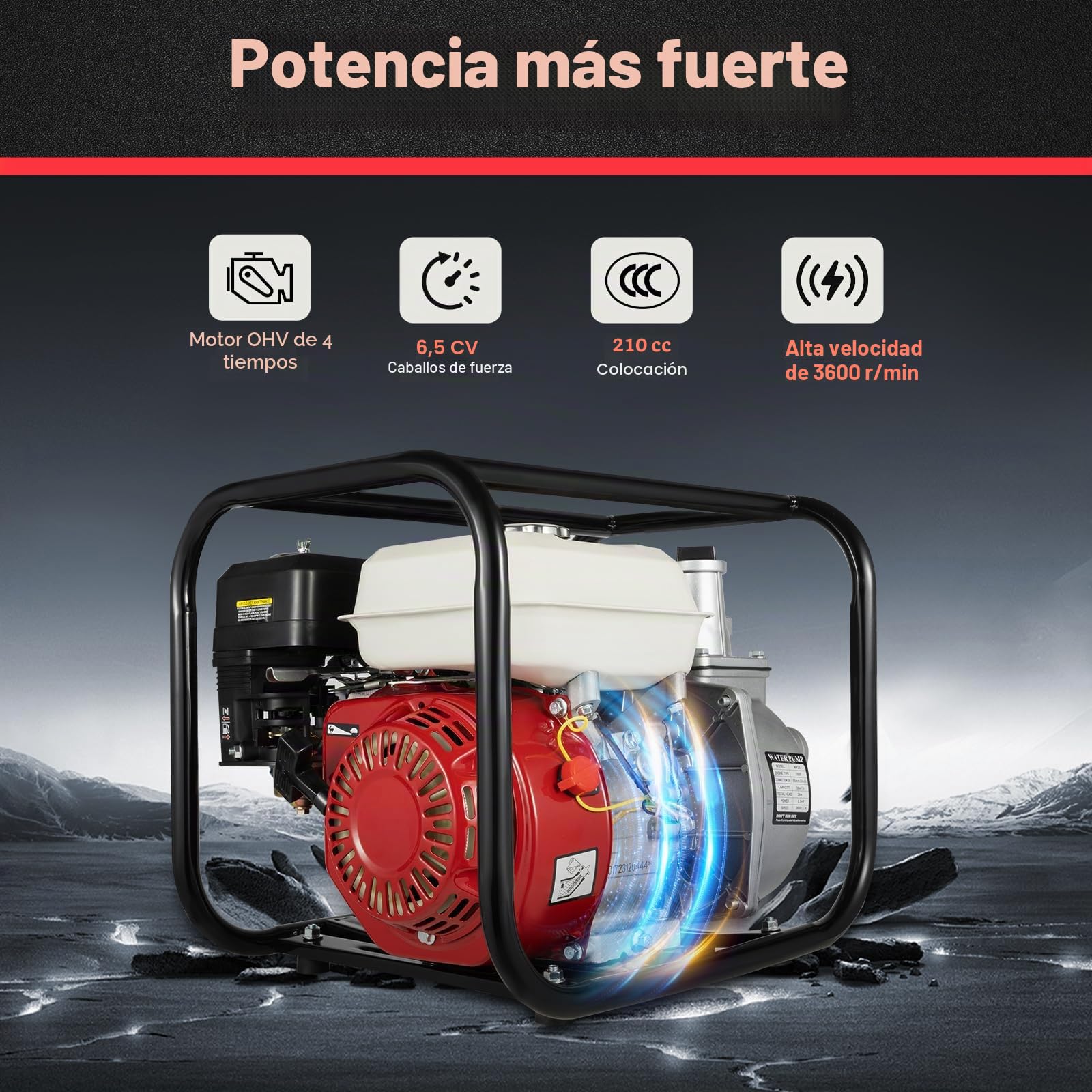 Bomba de agua de gasolina de 6,5 CV, bomba de agua de gasolina de 4 tiempos, 36000 l/h, altura de succión 7 m, altura máxima de elevación 28 m, conexión 2", bomba de jardín, bomba de agua residual