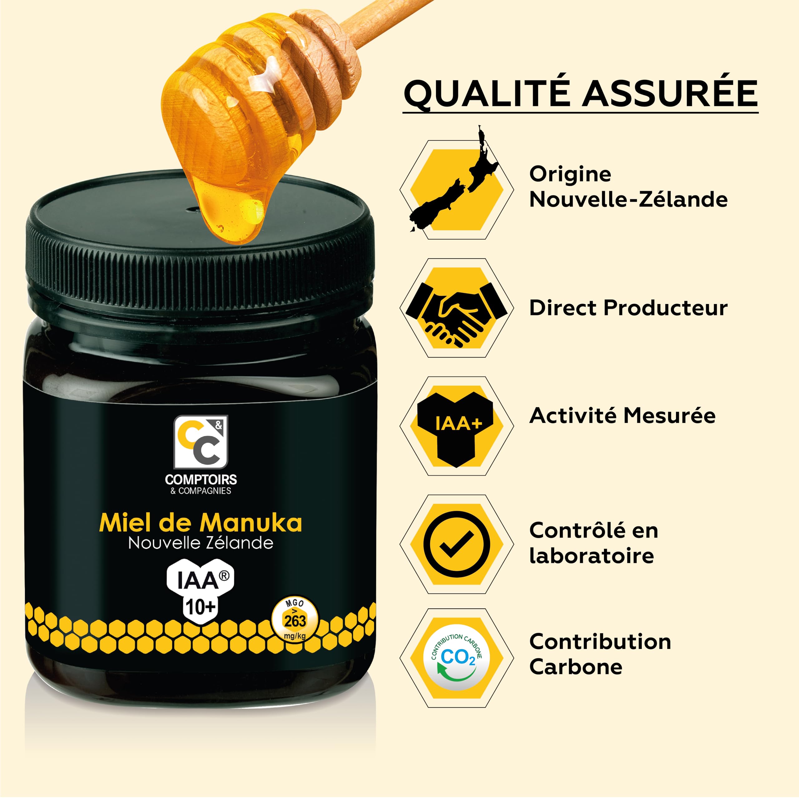 COMPTOIRS ET COMPAGNIES - Miel de Manuka Actif - IAA10+ (MGO263+) - Origine Nouvelle Zélande - 250g