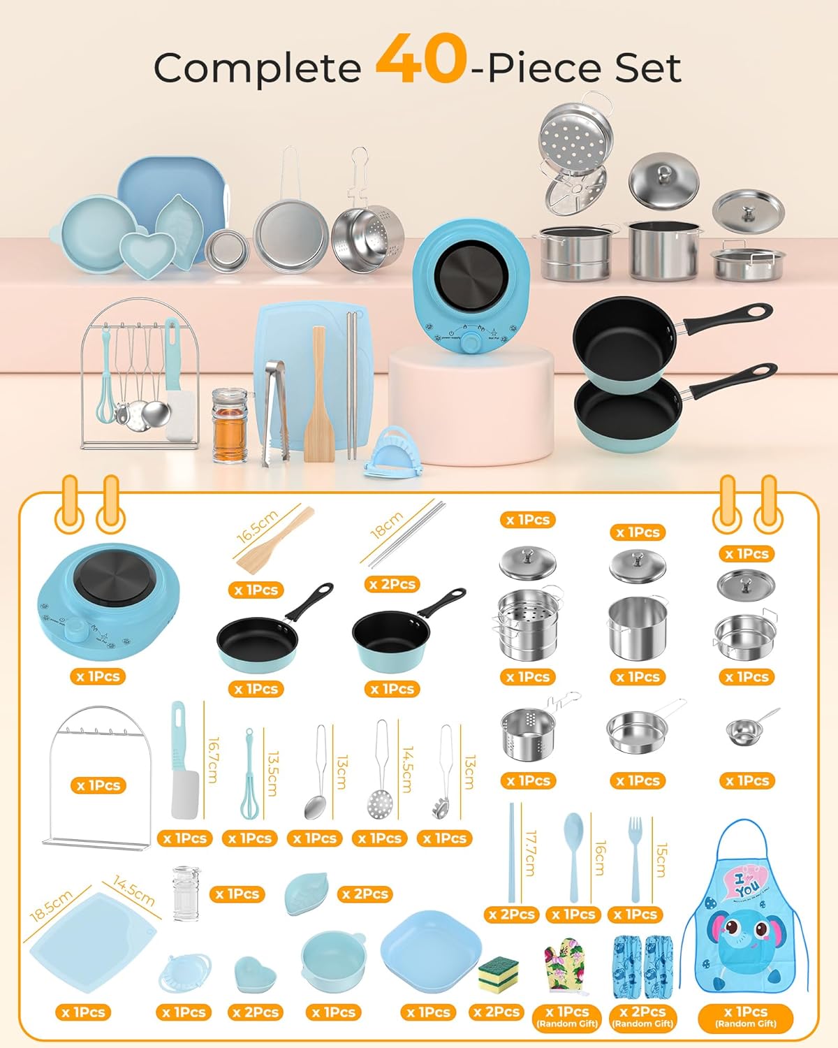 Kids Cooking Sets Real, Kid Safe Montessori Mini Tools Includes Stove Burner, Knife ect for Aged 8-12 Boys Girls Food Making, Easy for Beginners, Education Toys-Blue