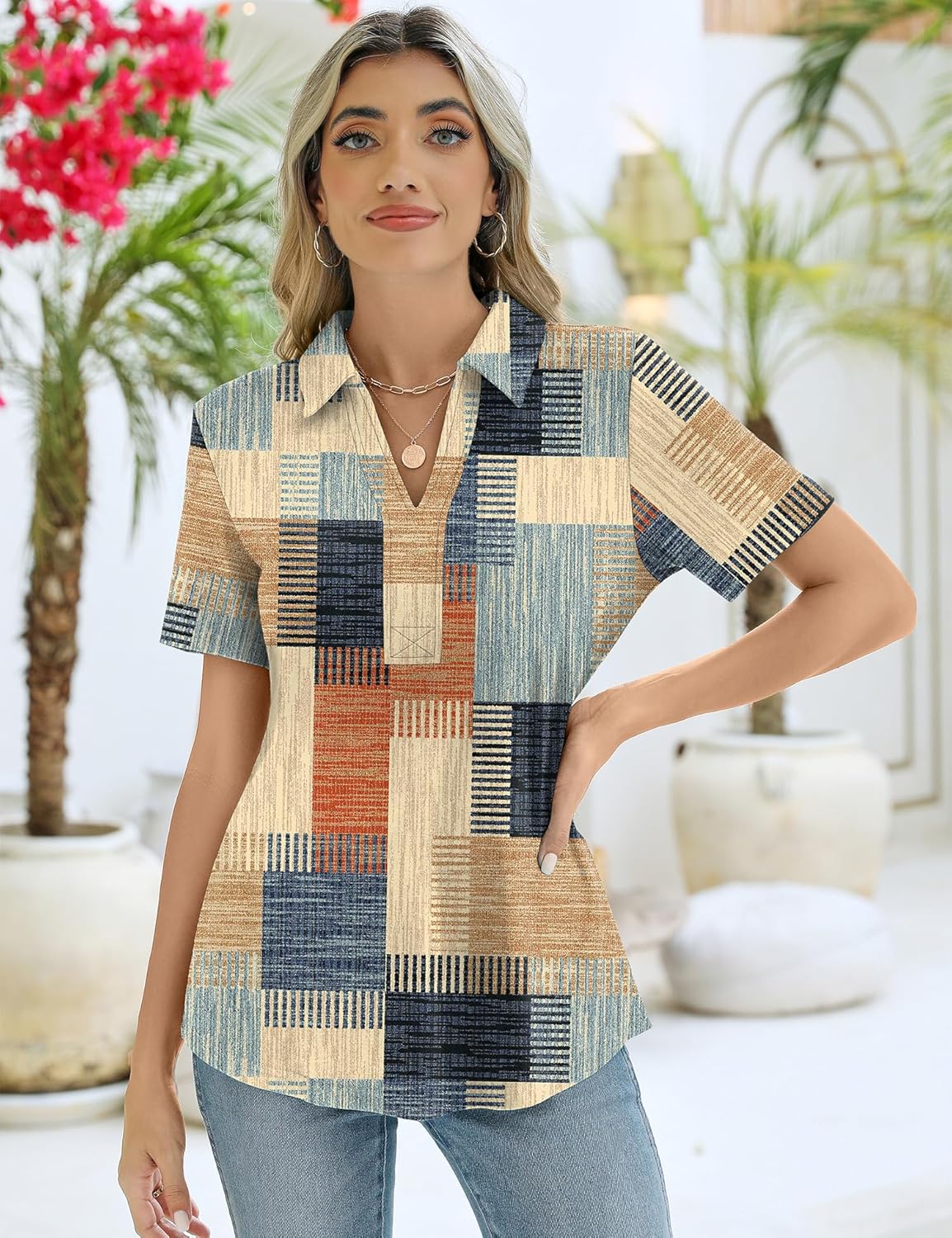 ZHENWEI Women's Short Sleeve V-Neck Polo Shirts Business Casual Work Collared Tops Dressy Johnny Collar Cute Blouses - Image 6