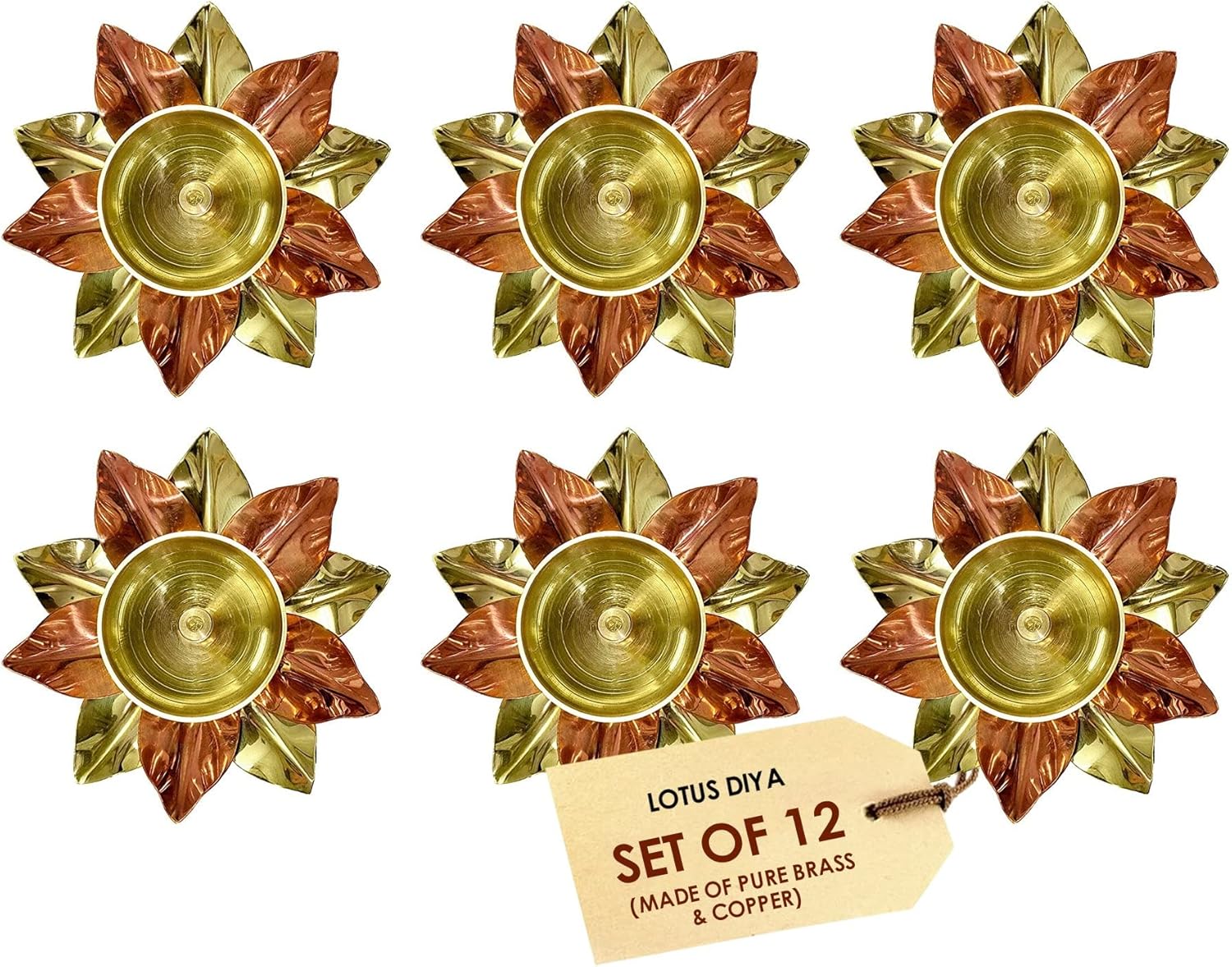 SATVIK 12 Pc Set of Brass Copper Lotus Flower Petals Kamal Shape Metal Akand Diya for Traditional Indian Festive Diwali Deepawali Puja Pooja Dia Home Temple Decoration Oil Lamp Gift Item