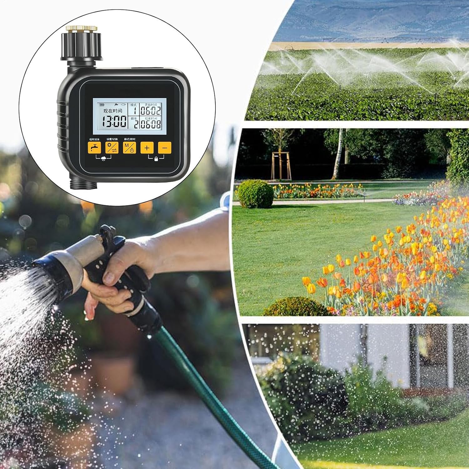 Sprinkler controller in use with various irrigation systems, including sprinklers and hose watering.