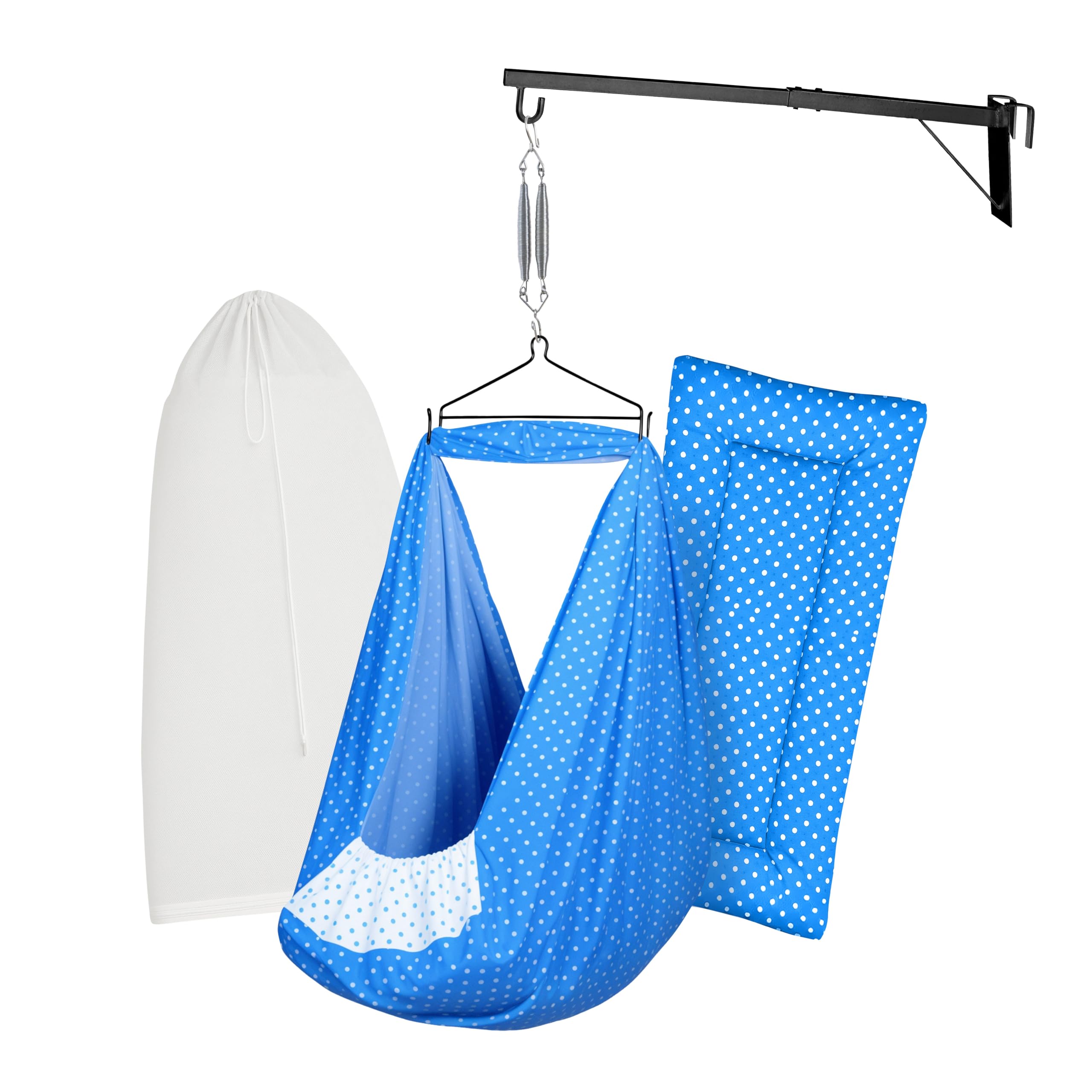 beetot Baby Cradle Swing/Jhula (Thottil Cloth, Palna, Dolna) Set | Hanging Cradle with Padded Bed, Mosquito Net, Spring, Triangle & Window Hanger | Up to 15 kg | FS-Dark Blue DOT