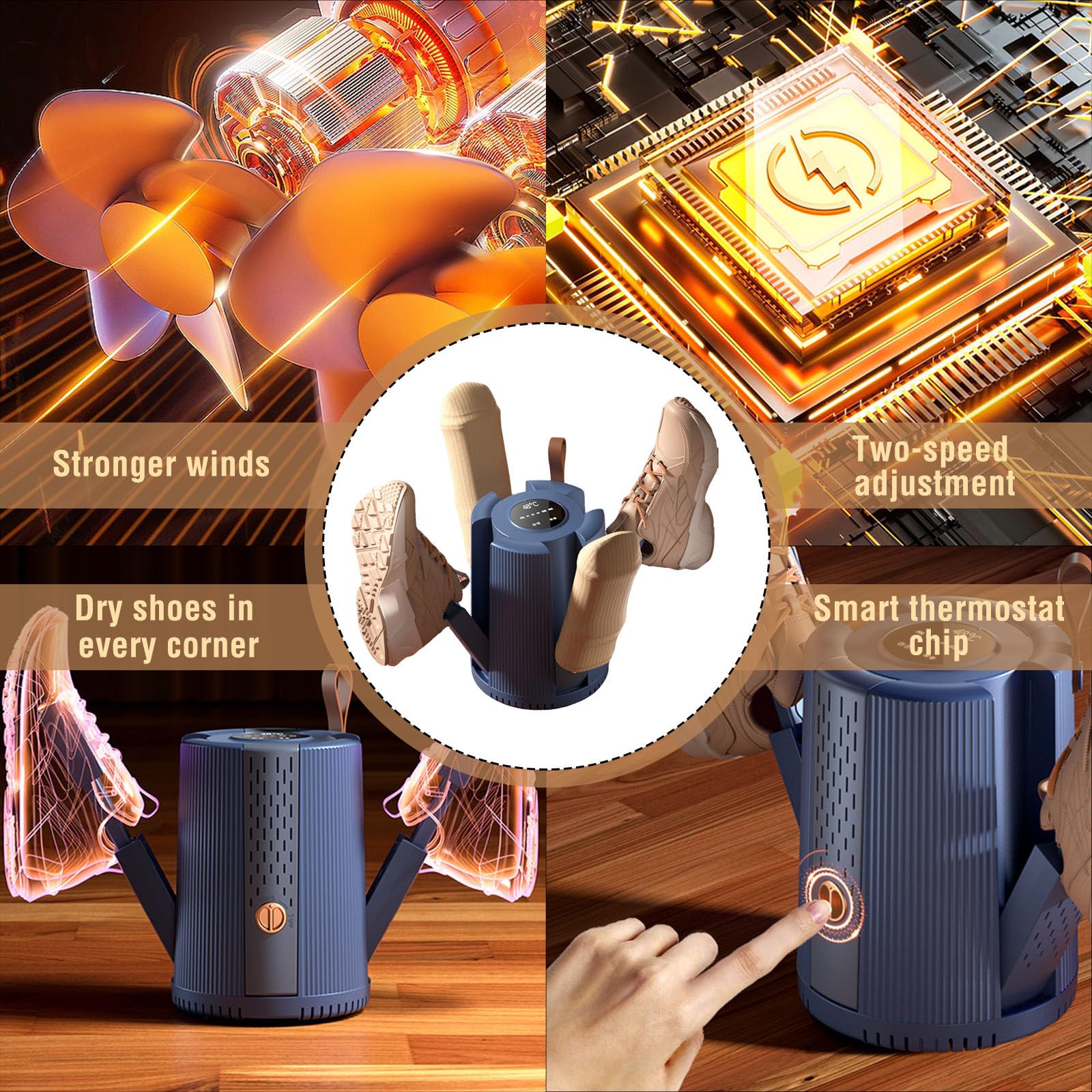 Asciuga Scarpe Elettrico a 4 Bracci, Asciugascarpe Elektrischer Elettrico con Carbone Attivo Incorporato, Asciugatrice Pieghevole con Soffiatore di Calore a 2 Marce, 3 modalità con Timer