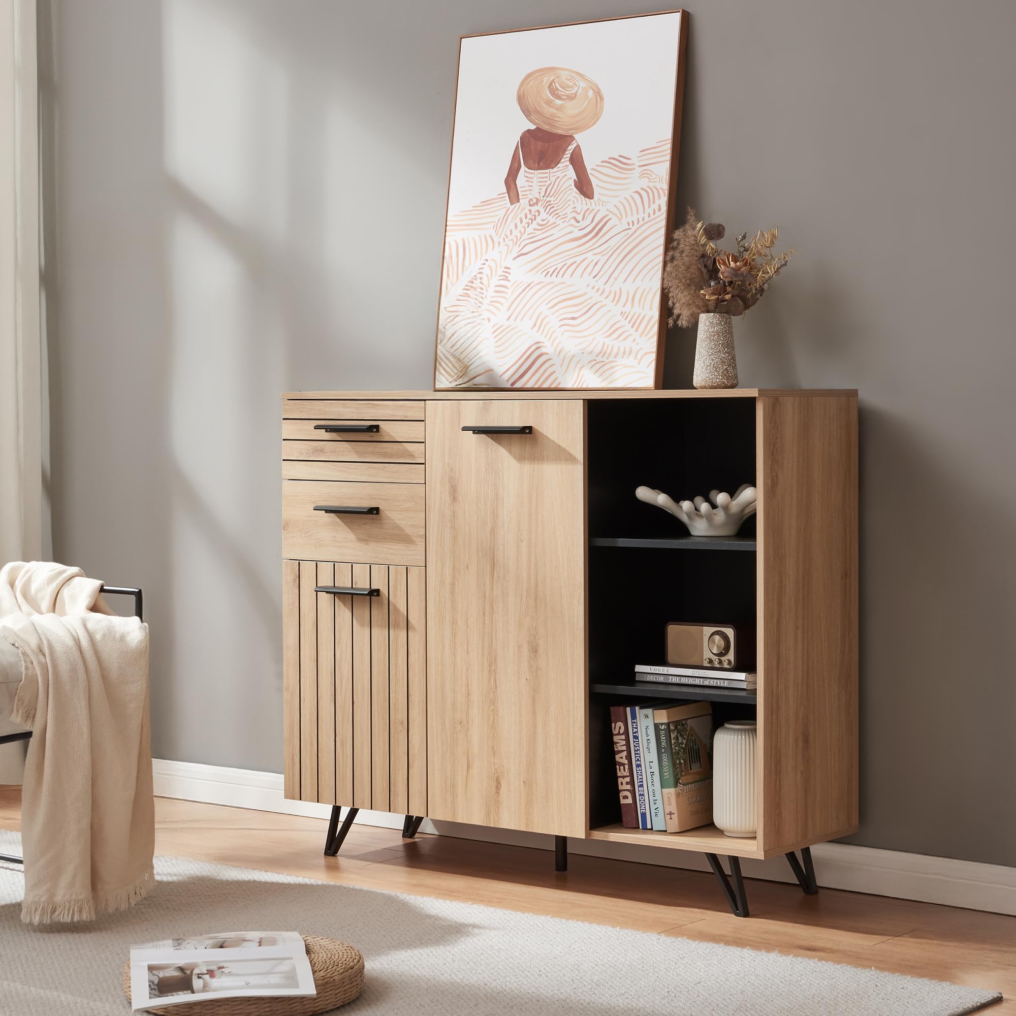 [en.casa] Aparador para Salón Noppen Aparador Multiusos con 2 Cajones 2 Compartimentos con Puertas y 3 Compartimentos Abiertos Mueble Auxiliar para Comedor Oficina 100 x 120 x 38 cm - Efecto Roble