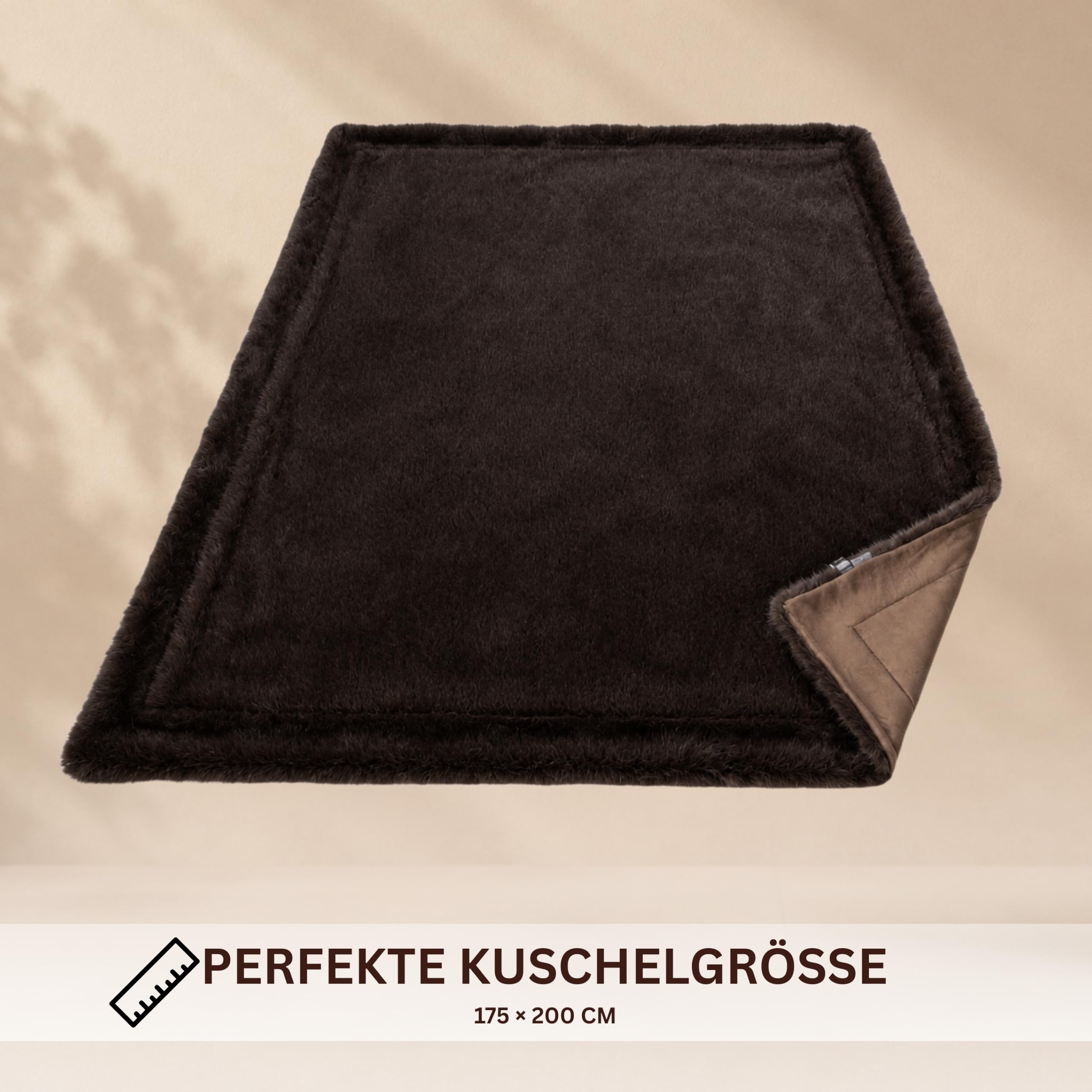 Felldecke, Kuscheldecke Flauschige Pelzdecke, Wendedecke Felloptik, XXL Überwurf für Sofa & Bett, hochwertig rustikale Tagesdecke (Braun/Schwarz, 175x200 cm)
