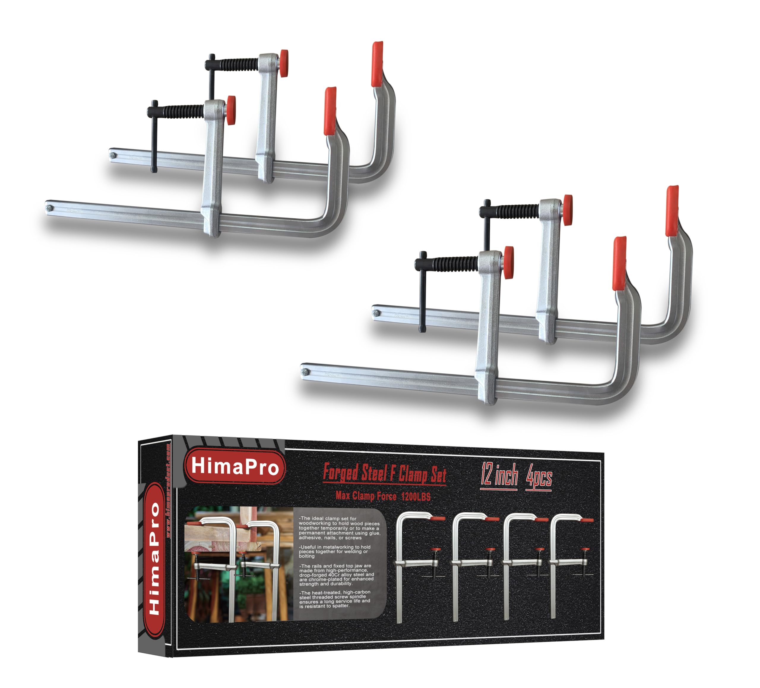 HimaPro Juego de 4 Sargentos Tipo F de Acero Forjado de 30 cm de Alta Resistencia – Capacidad de carga 544 kg, Profundidad de garganta de 12 cm, Ideales para Soldadura, Carpintería y Trabajos en Metal