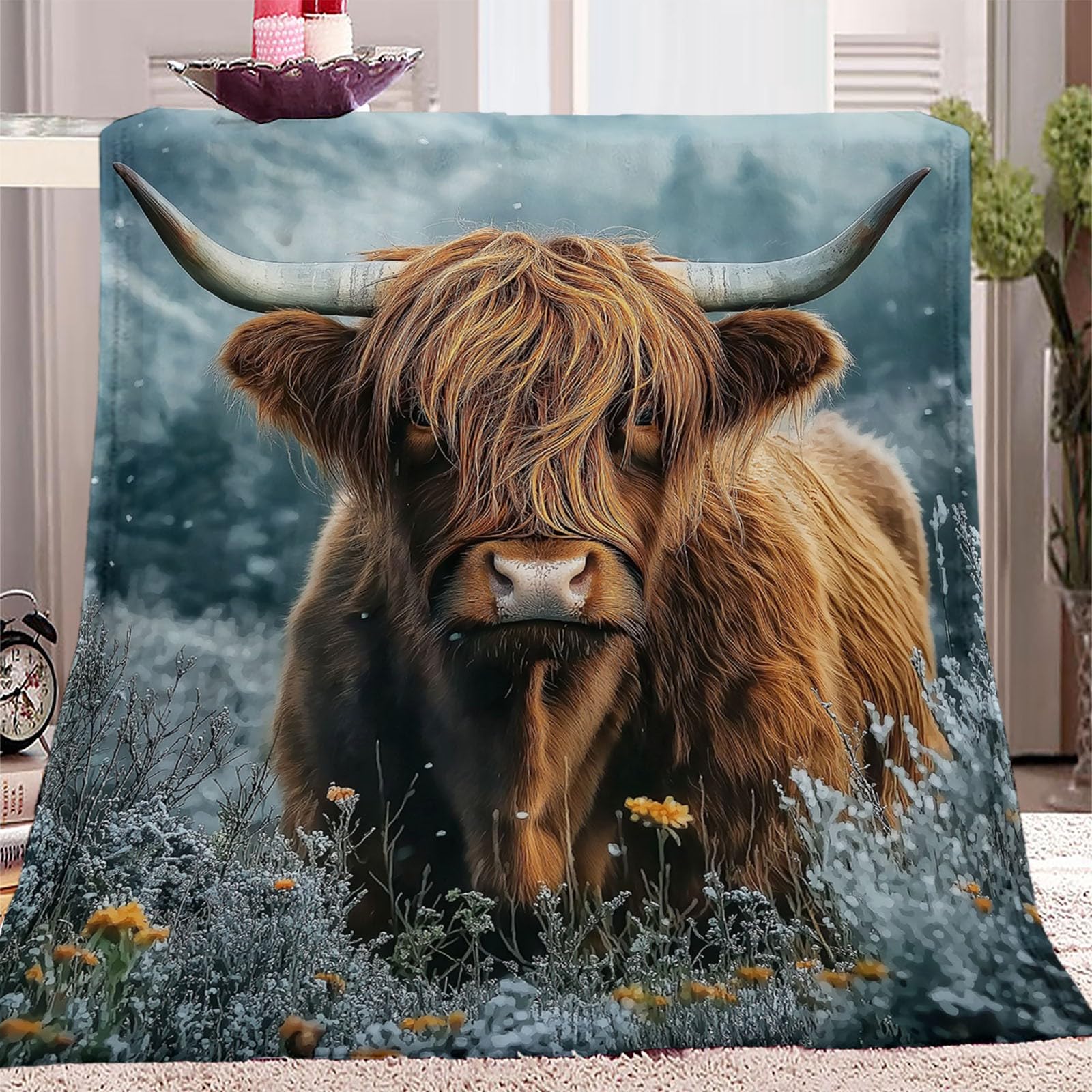 Manta Franela para Cama Manta para Sofá Suaves 100% Microfibra Grande Broncearse Flannel Blanket Animales Ganado de Las Tierras Altas Flores Manta Invierno Calentitas 220 x 240 cm